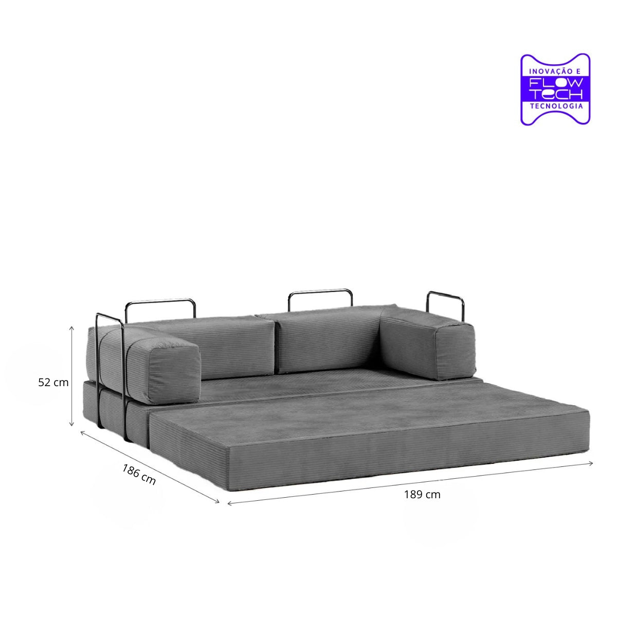 Sofá Cama Flowin com 1 Apoio de Pé em Cotele Cinza
