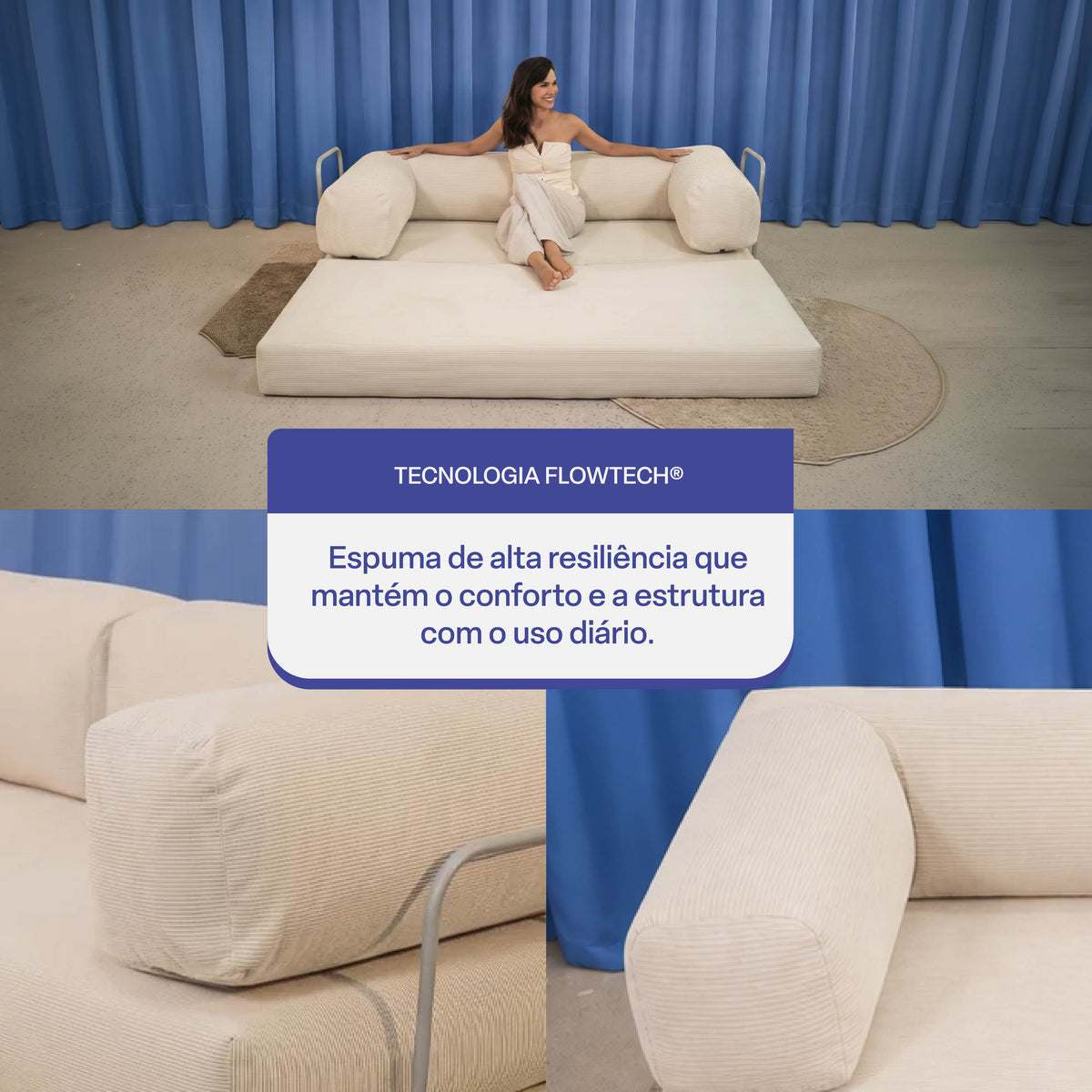 Sofá Cama Flowin com 1 Apoio de Pé em Cotele Bege