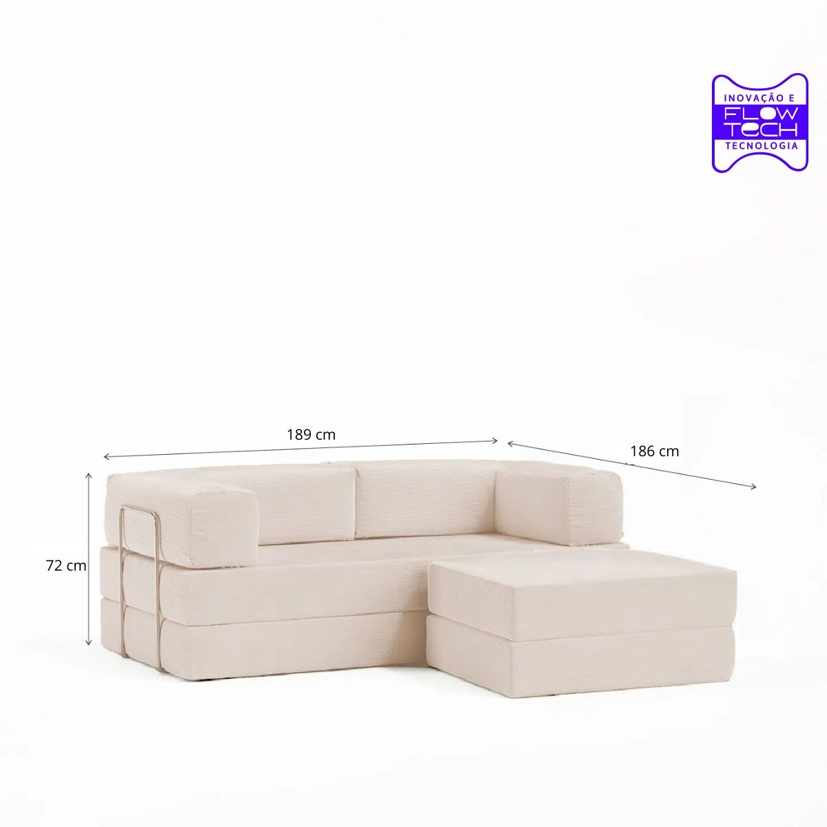 Sofá Cama Flowin com 1 Apoio de Pé em Cotele Bege