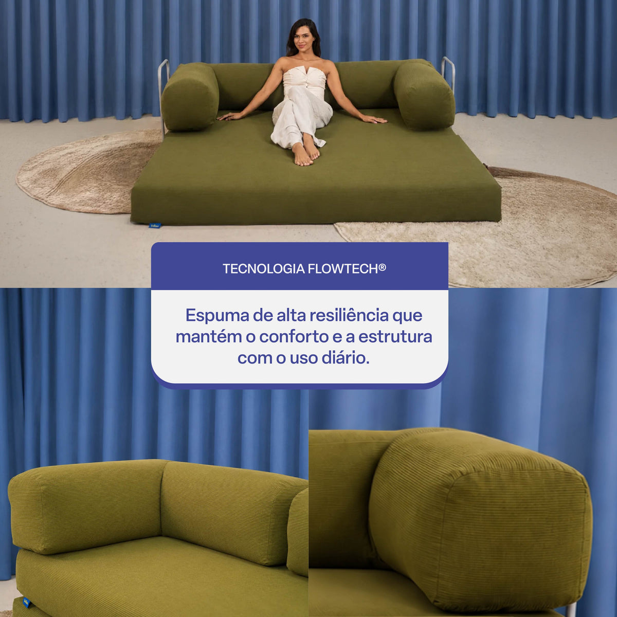Sofá Cama Flowin com 1 Apoio de Pé em Cotele Verde Oliva