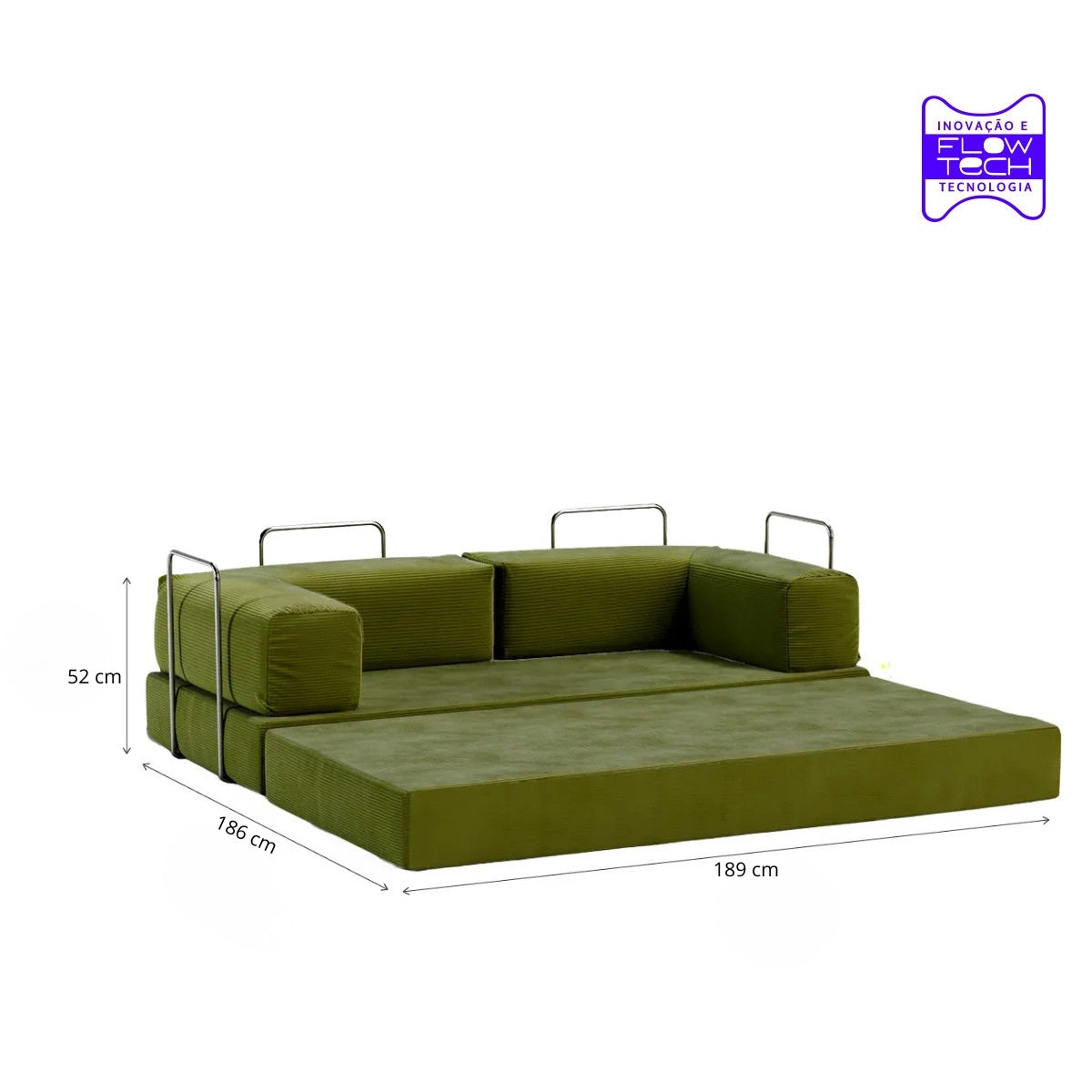Sofá Cama Flowin com 1 Apoio de Pé em Cotele Verde Oliva