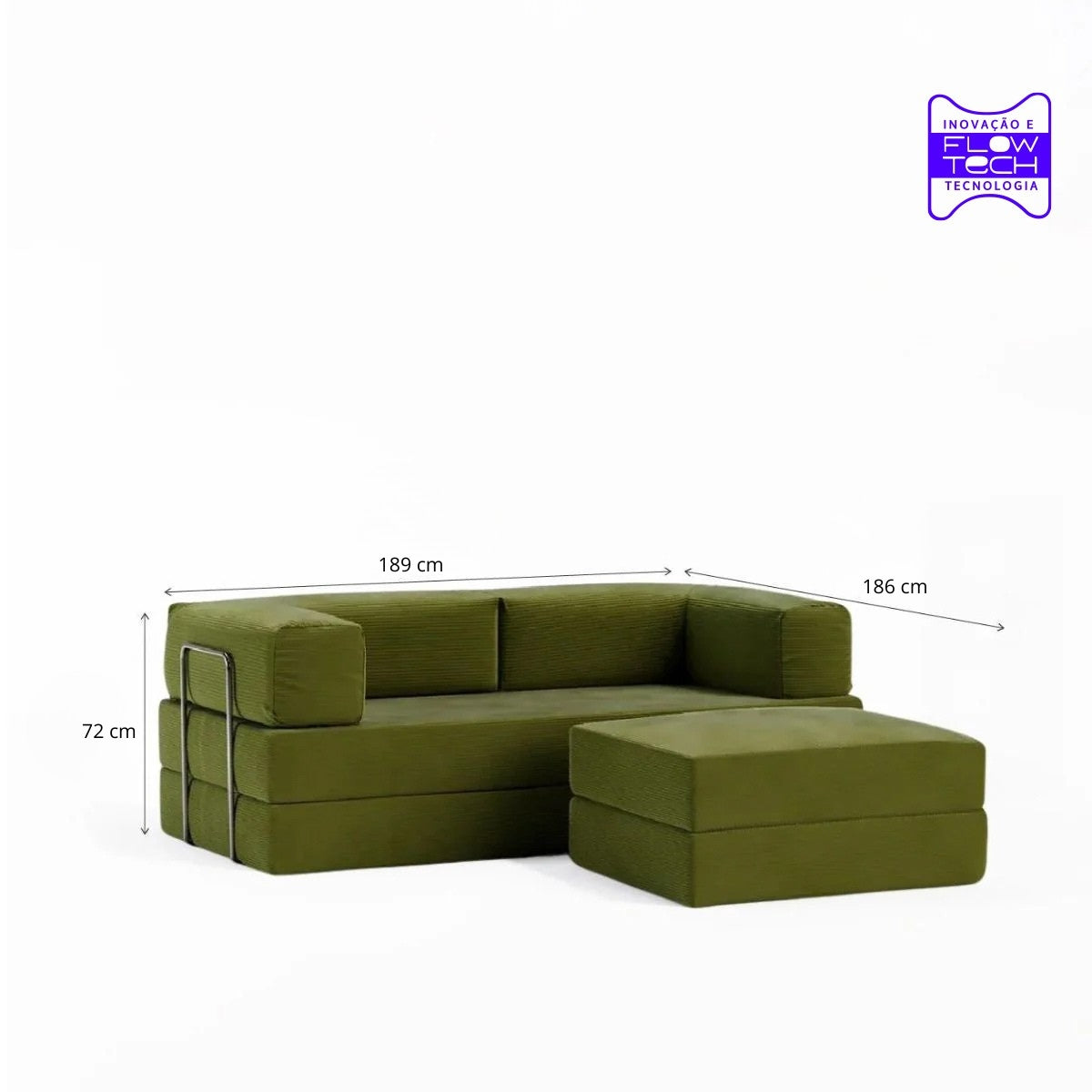 Sofá Cama Flowin com 1 Apoio de Pé em Cotele Verde Oliva