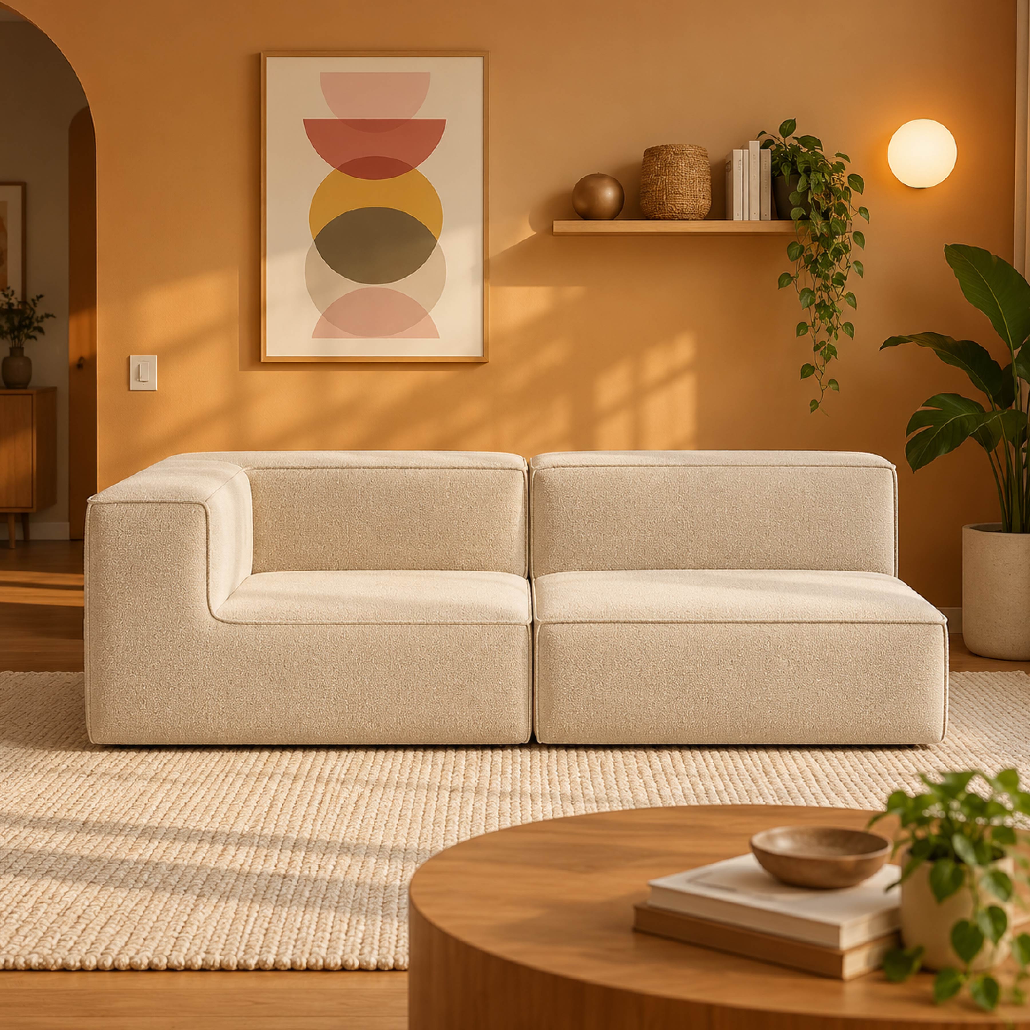 Sofá Modular Flow 2 Lugares 1 Canto em Boucle Bege