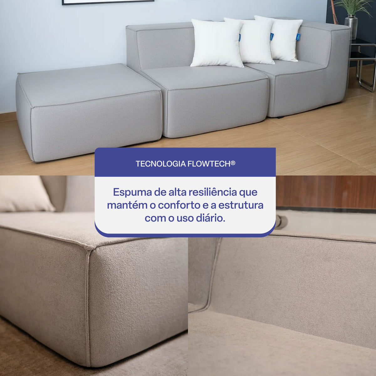 Sofá Modular Flow 2 Lugares 1 Canto com 1 Apoio de Pé em Boucle Cinza