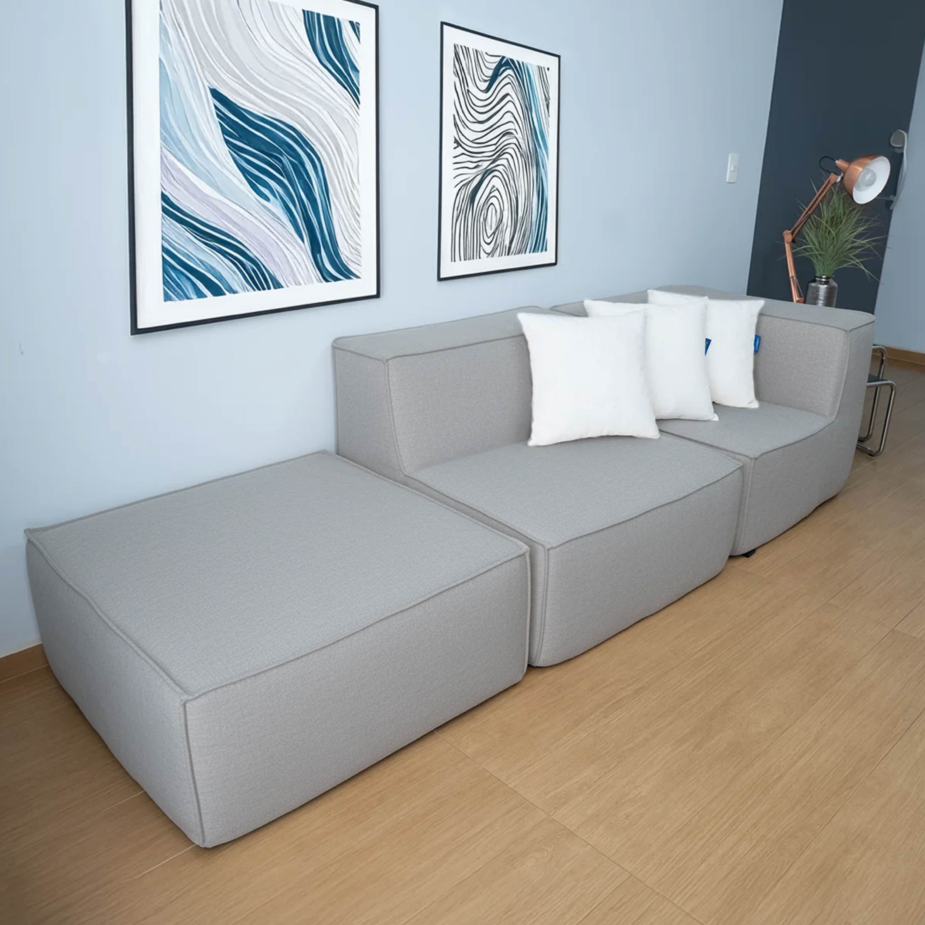 Sofá Modular Flow 2 Lugares 1 Canto com 1 Apoio de Pé em Boucle Cinza