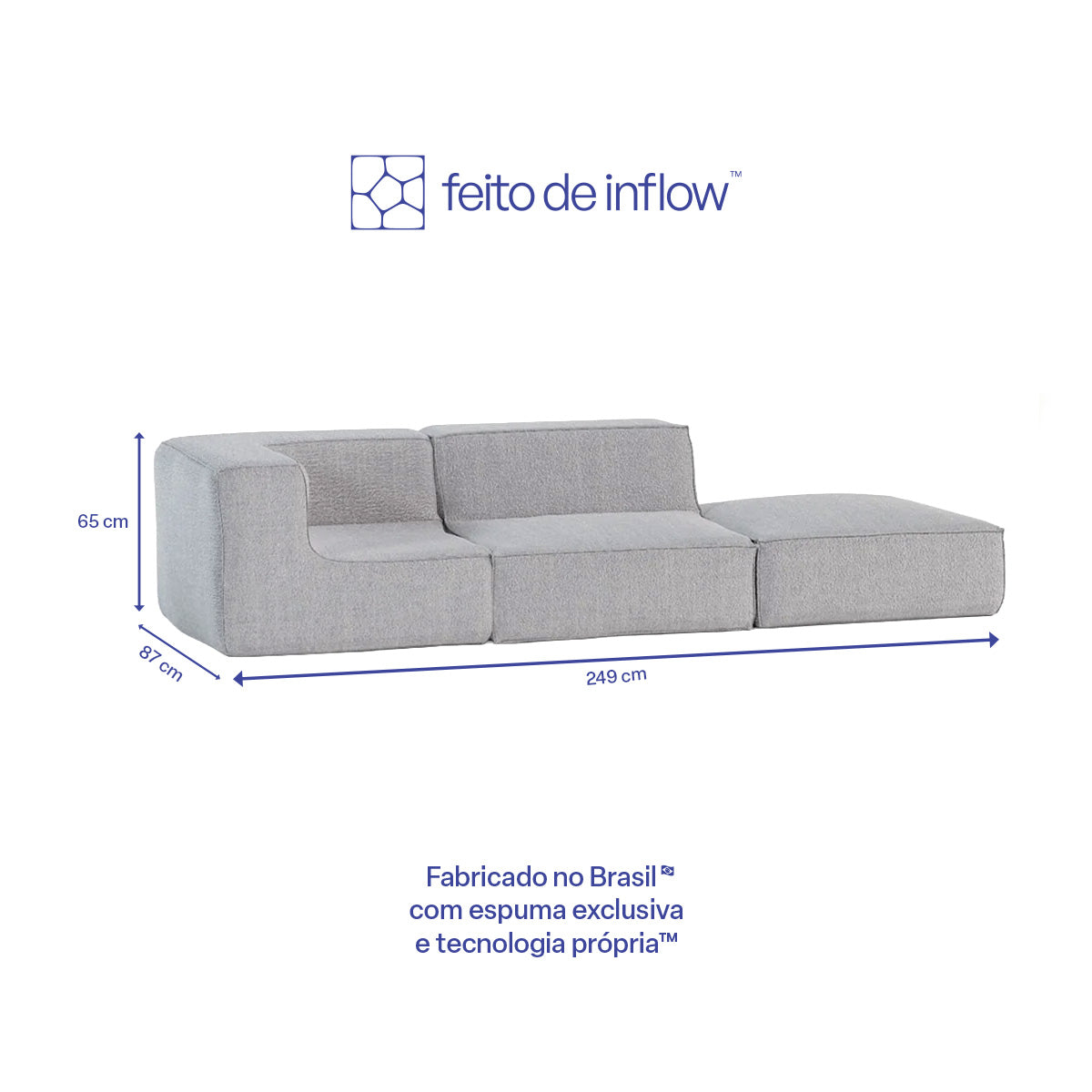 Sofá Modular Flow 2 Lugares 1 Canto com 1 Apoio de Pé em Boucle Cinza