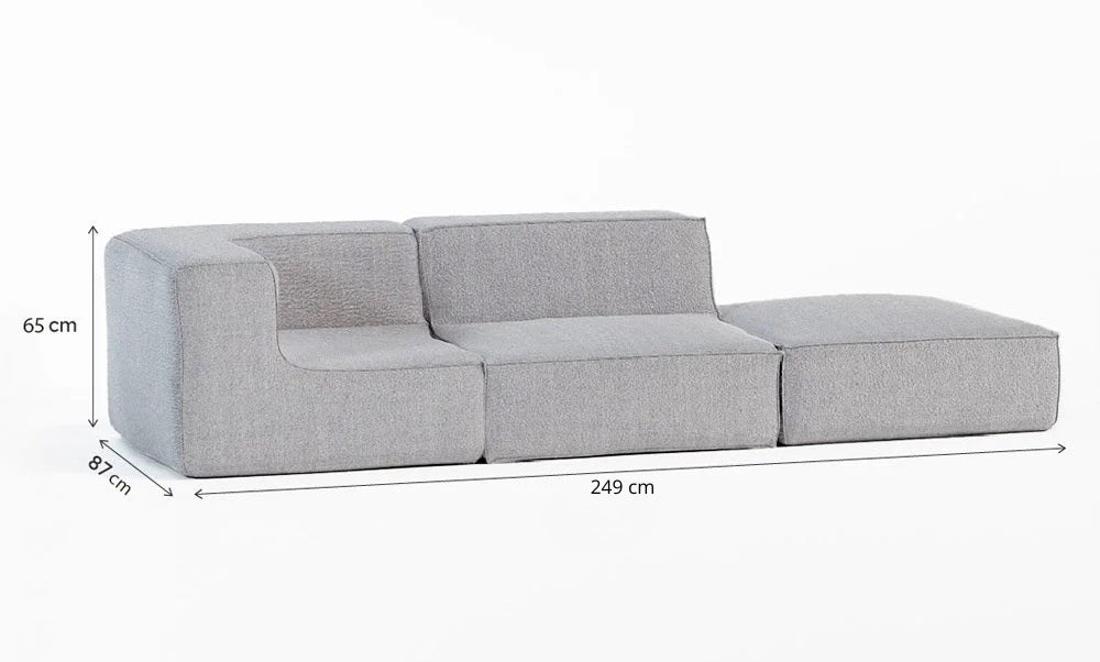 Sofá Modular Flow 2 Lugares 1 Canto com 1 Apoio de Pé em Boucle Cinza
