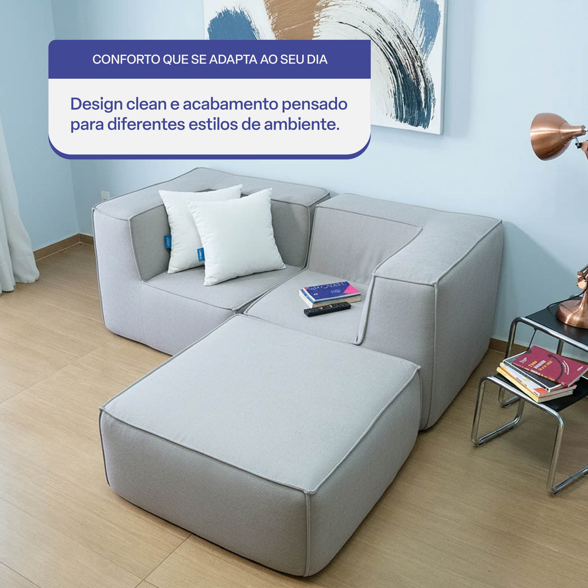Sofá Modular Flow 2 Lugares 2 Cantos com 1 Apoio de Pé em Boucle Cinza