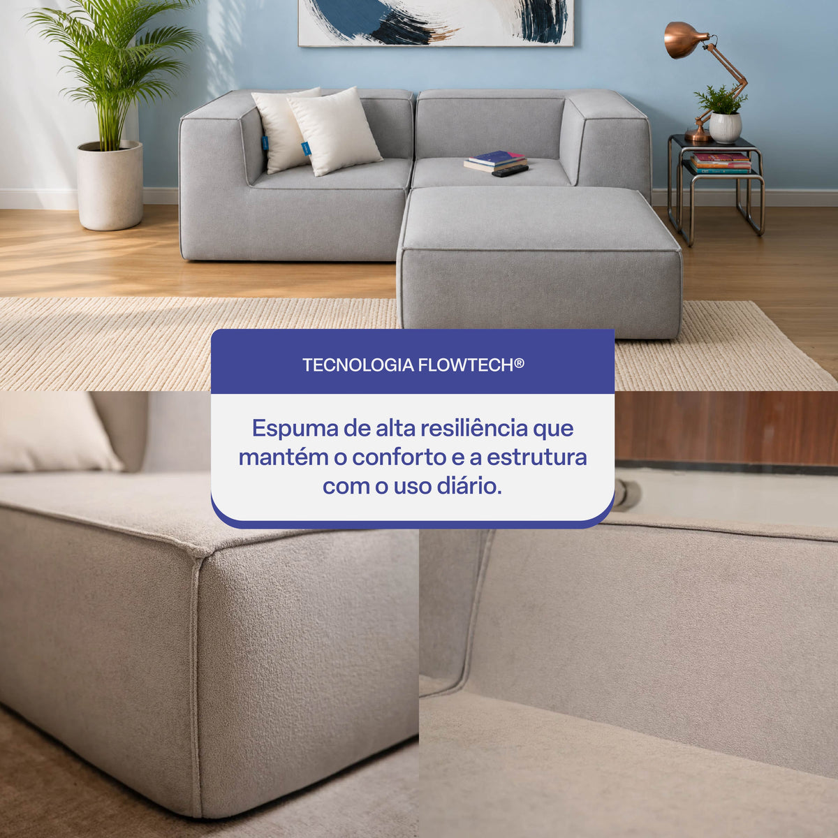 Sofá Modular Flow 2 Lugares 2 Cantos com 1 Apoio de Pé em Boucle Cinza