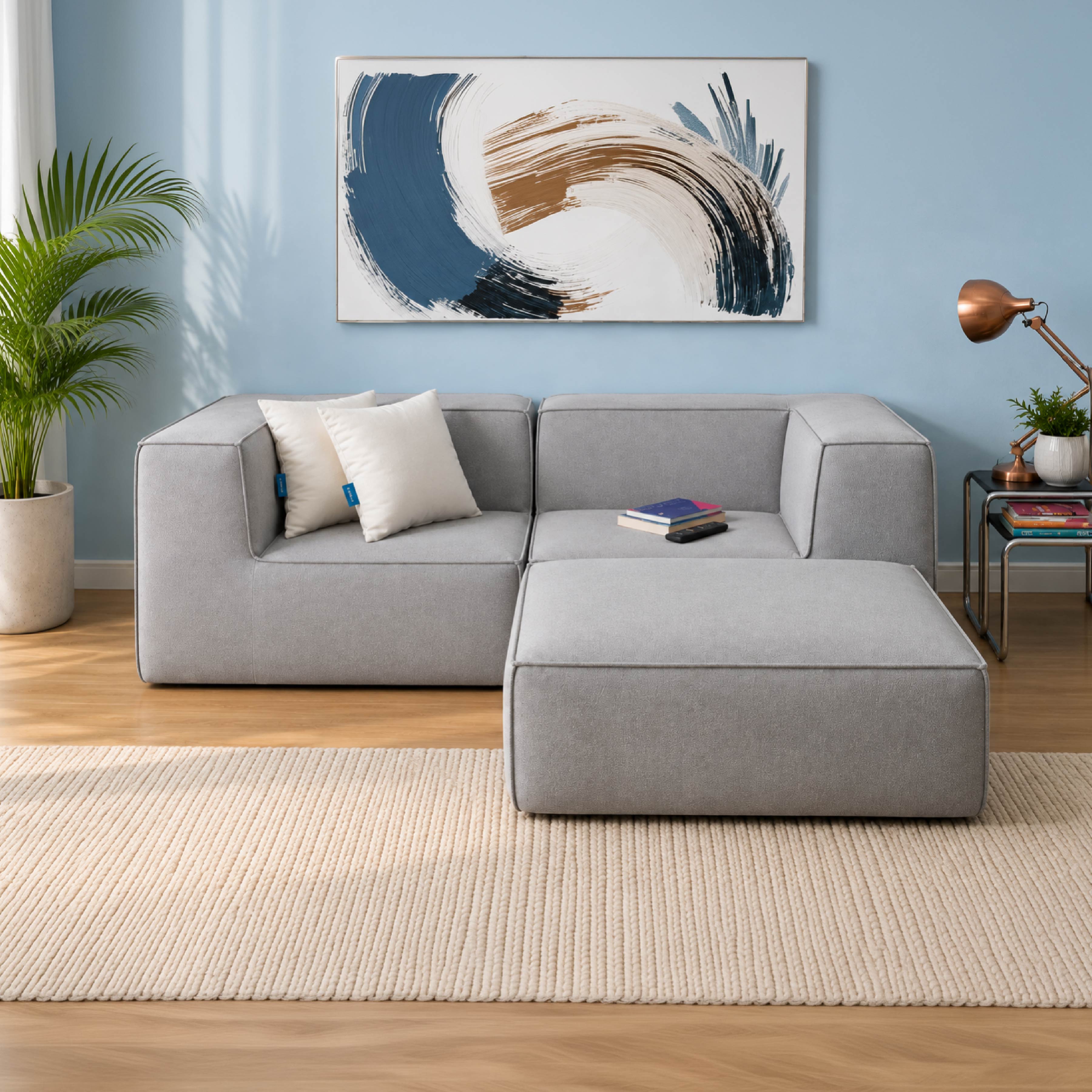 Sofá Modular Flow 2 Lugares 2 Cantos com 1 Apoio de Pé em Boucle Cinza