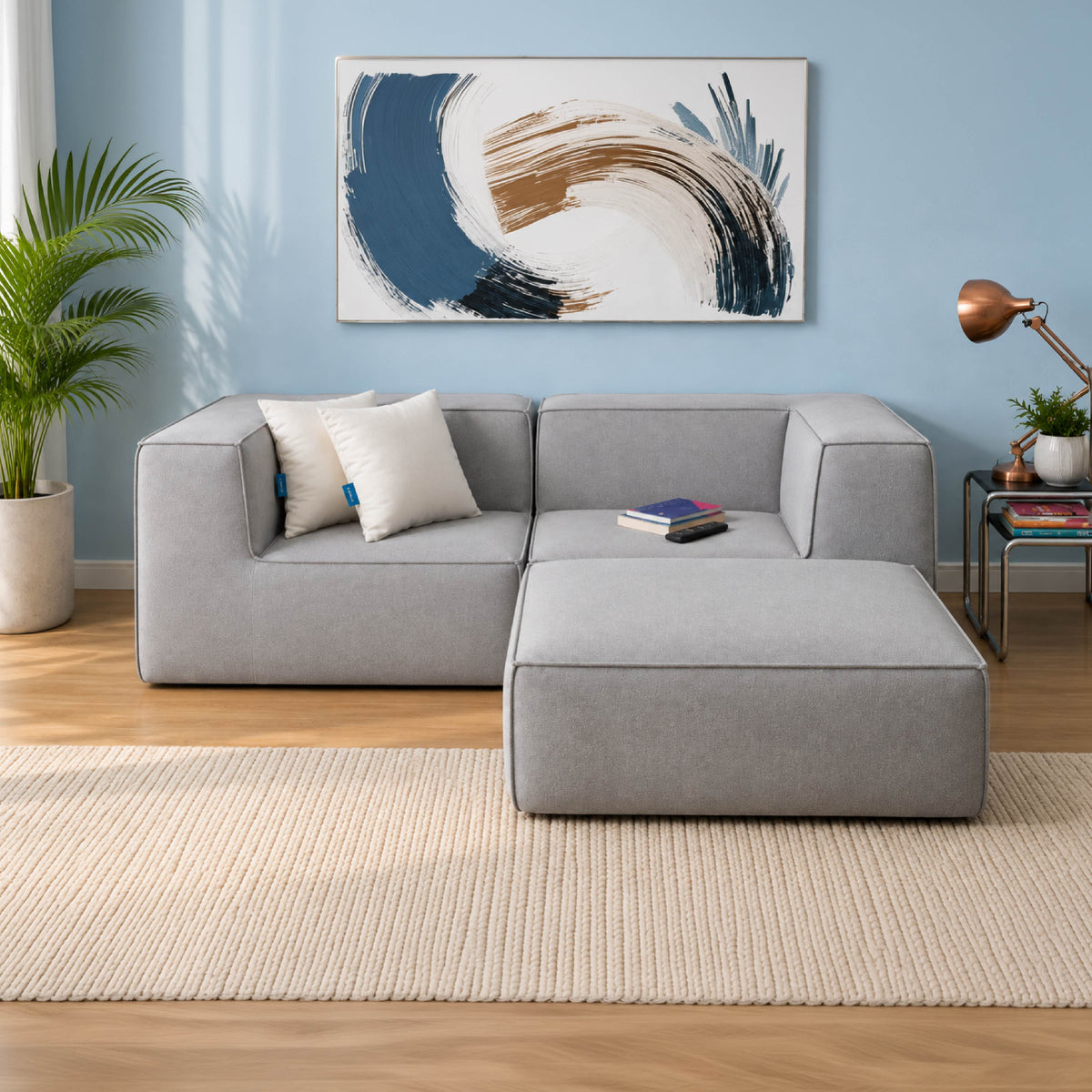 Sofá Modular Flow 2 Lugares 2 Cantos com 1 Apoio de Pé em Boucle Cinza