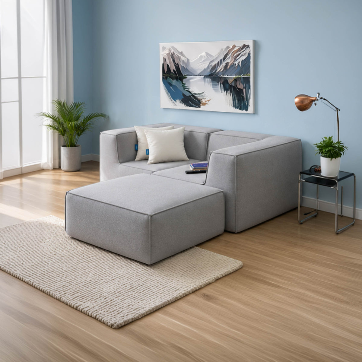 Sofá Modular Flow 2 Lugares 2 Cantos com 1 Apoio de Pé em Boucle Cinza