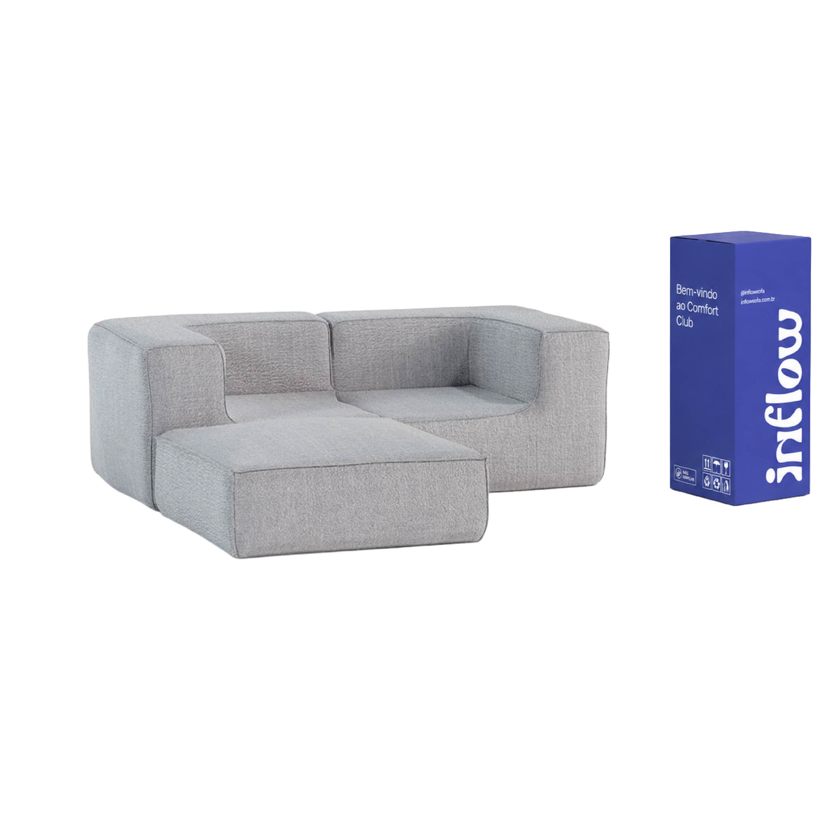 Sofá Modular Flow 2 Lugares 2 Cantos com 1 Apoio de Pé em Boucle Cinza