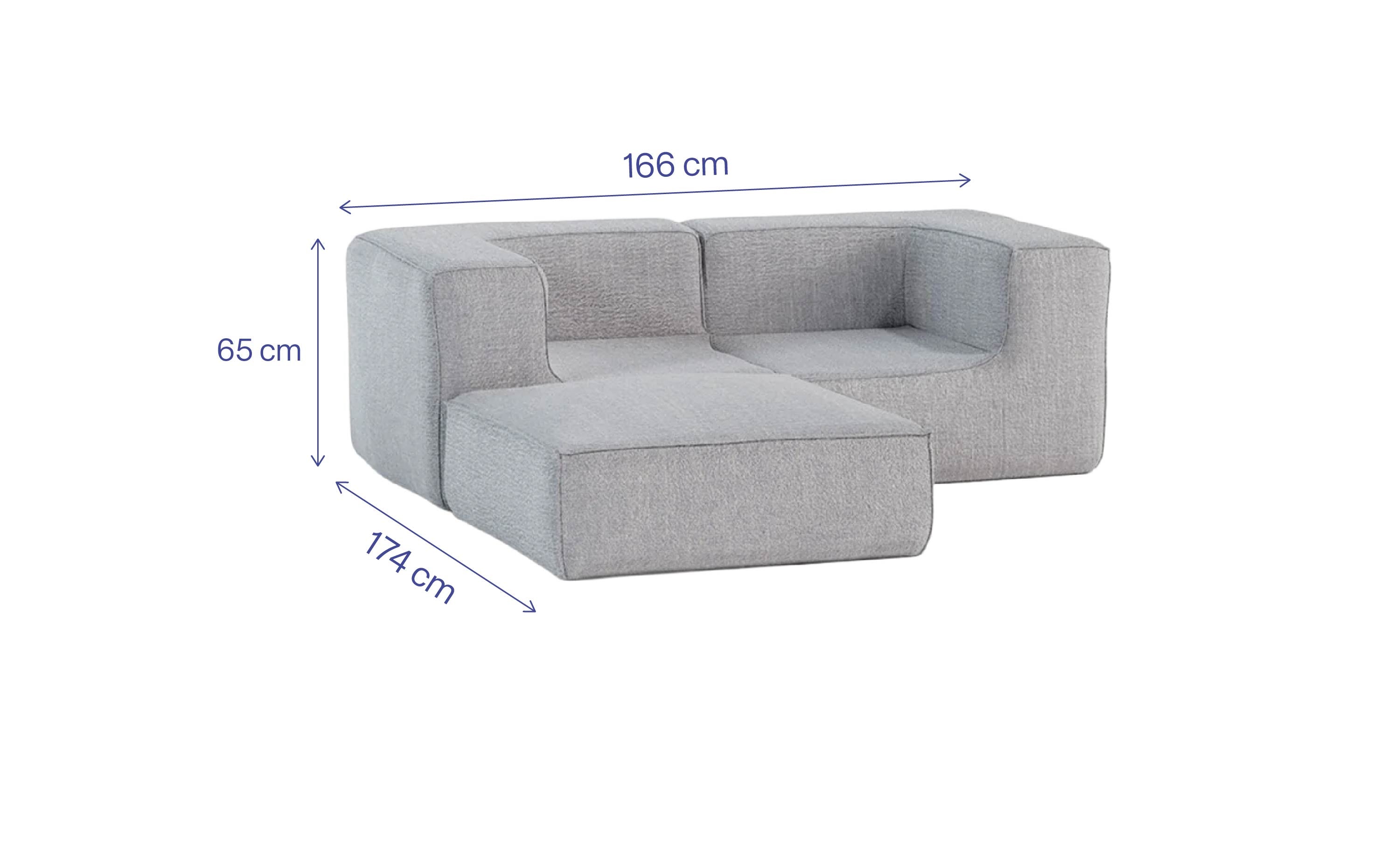 Sofá Modular Flow 2 Lugares 2 Cantos com 1 Apoio de Pé em Boucle Cinza