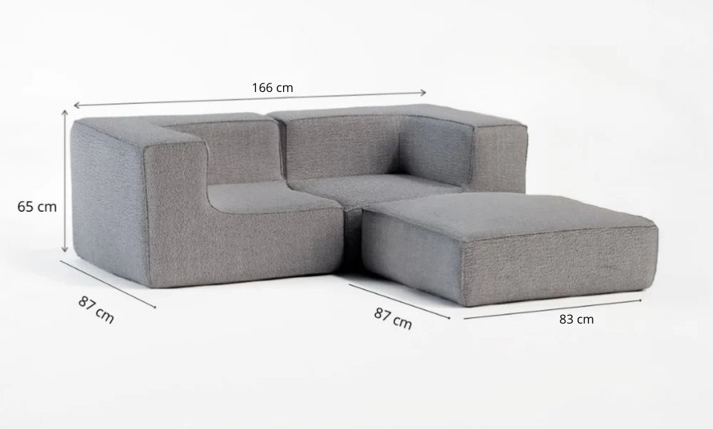 Sofá Modular Flow 2 Lugares 2 Cantos com 1 Apoio de Pé em Boucle Cinza