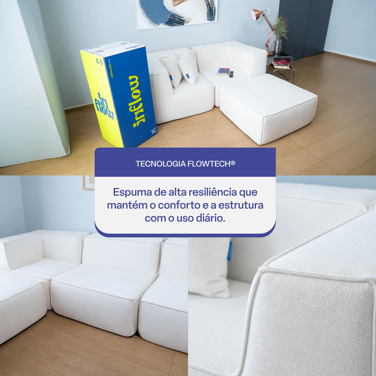 Sofá Modular Flow 2 Lugares 2 Cantos com 1 Apoio de Pé em Boucle Bege