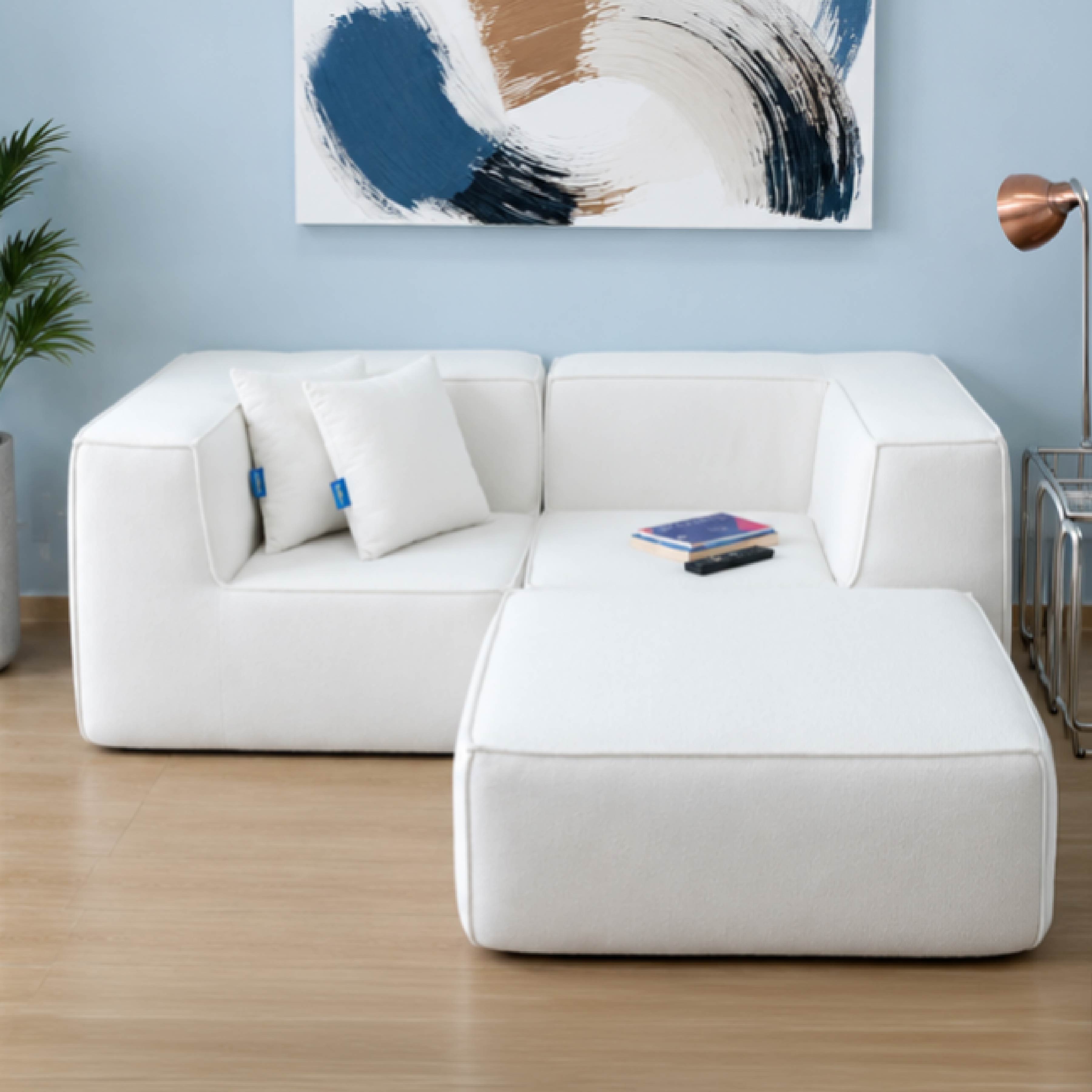 Sofá Modular Flow 2 Lugares 2 Cantos com 1 Apoio de Pé em Boucle Bege