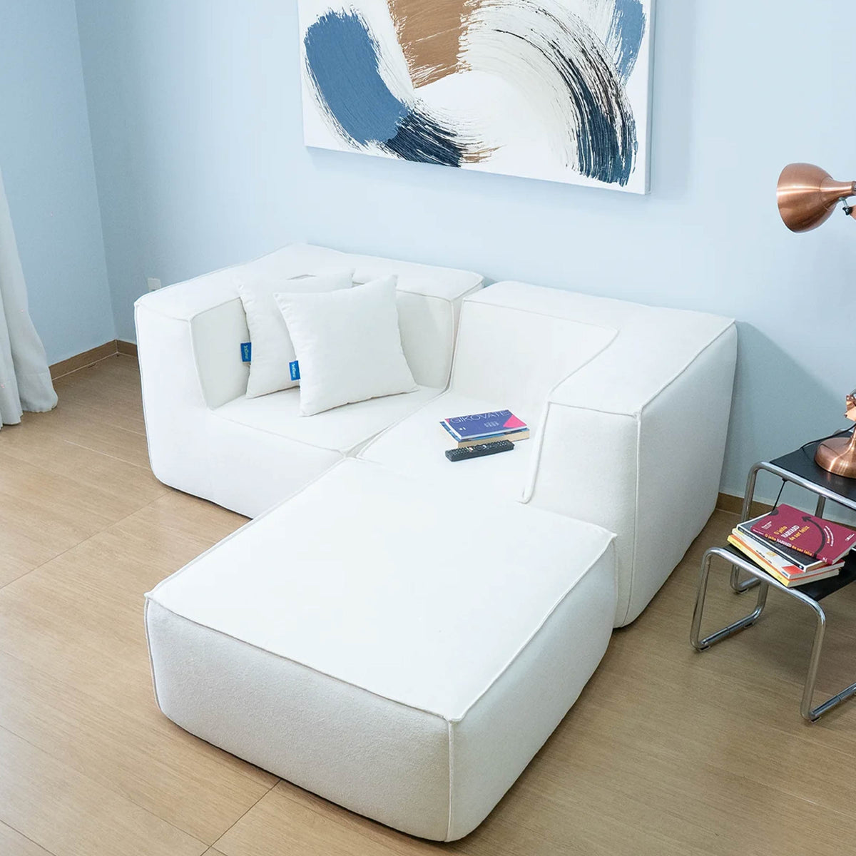 Sofá Modular Flow 2 Lugares 2 Cantos com 1 Apoio de Pé em Boucle Bege