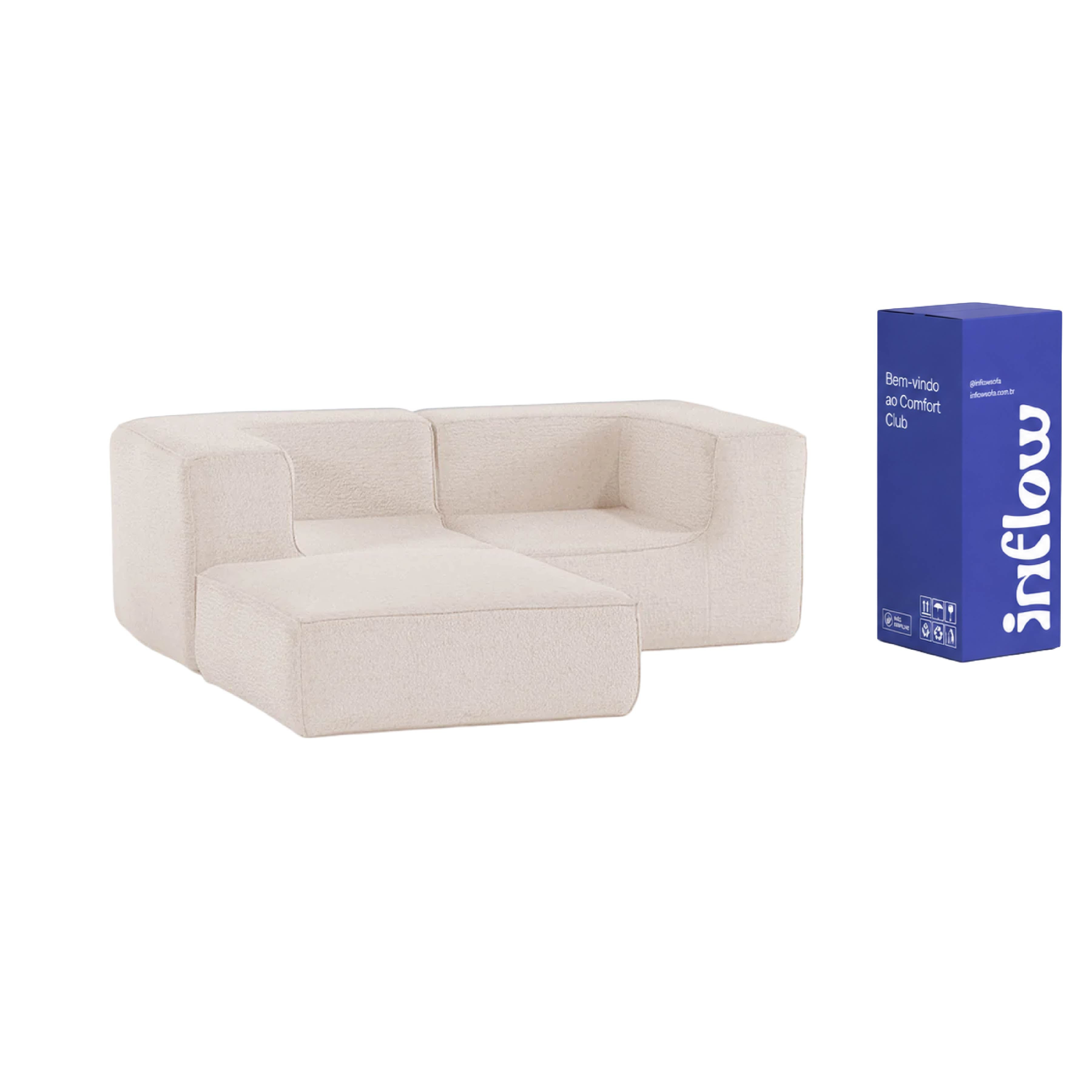 Sofá Modular Flow 2 Lugares 2 Cantos com 1 Apoio de Pé em Boucle Bege