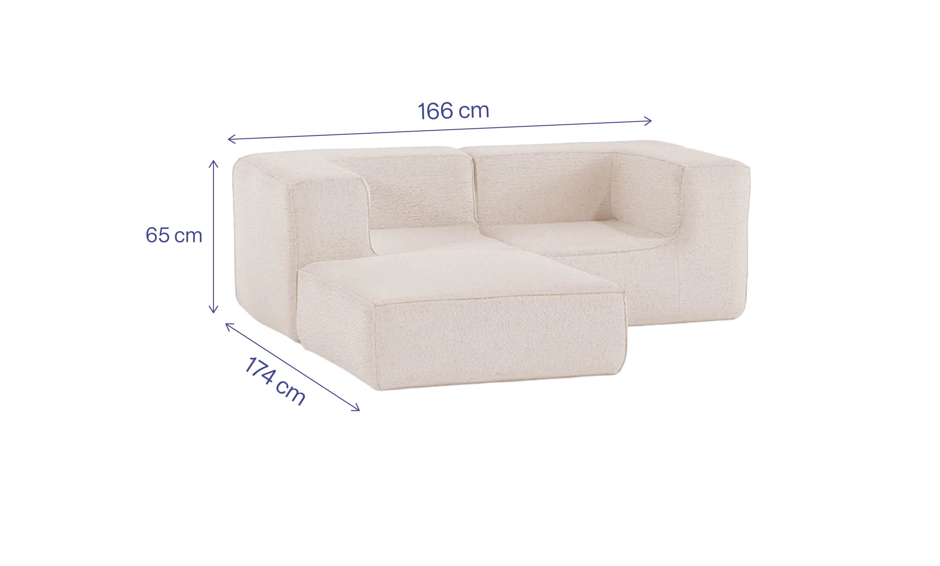 Sofá Modular Flow 2 Lugares 2 Cantos com 1 Apoio de Pé em Boucle Bege