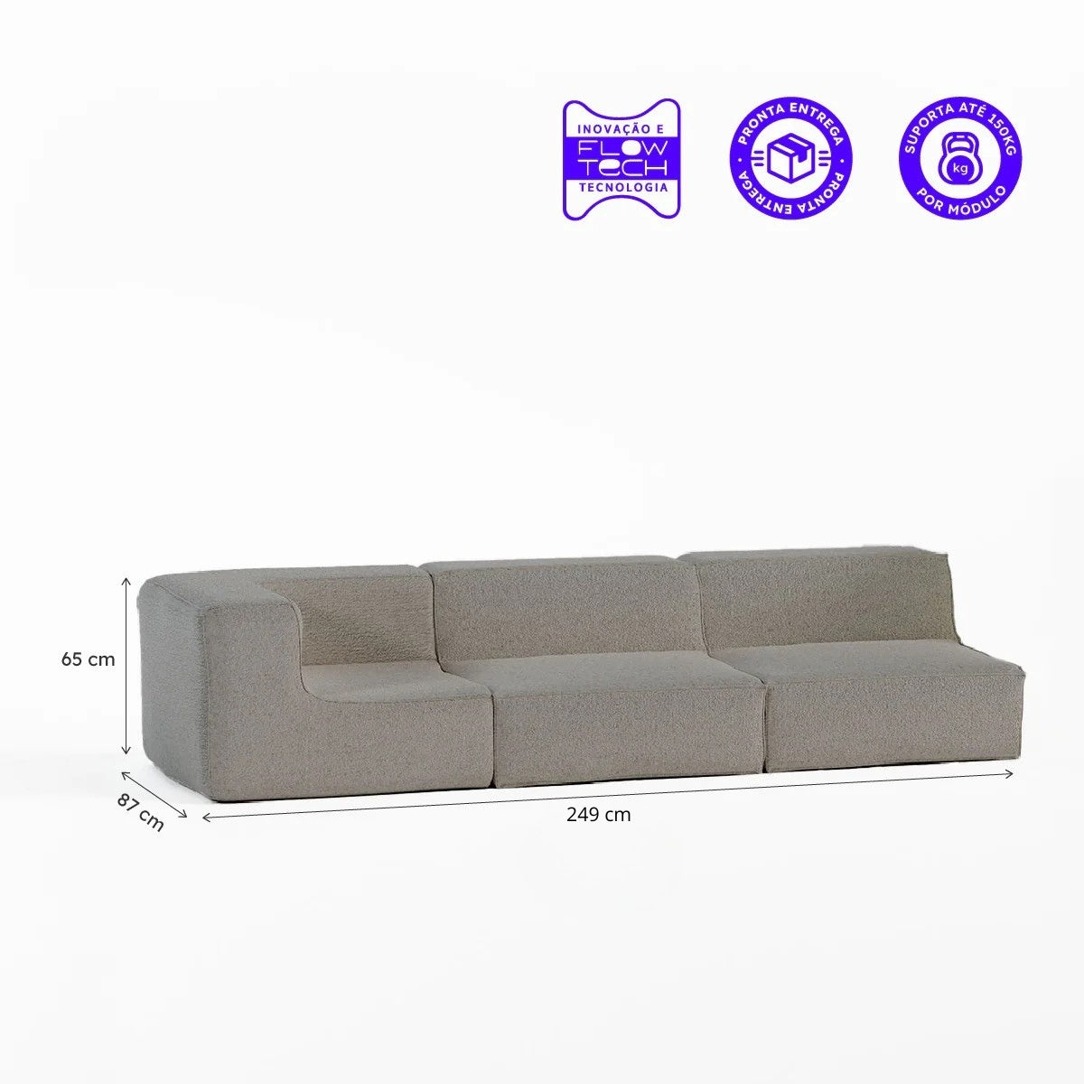 Sofá Modular Flow 3 Lugares 1 Canto em Boucle Cinza