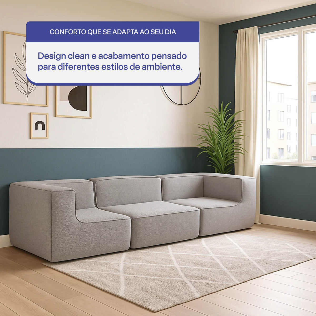 Sofá Modular Flow 3 Lugares 2 Cantos em Boucle Cinza