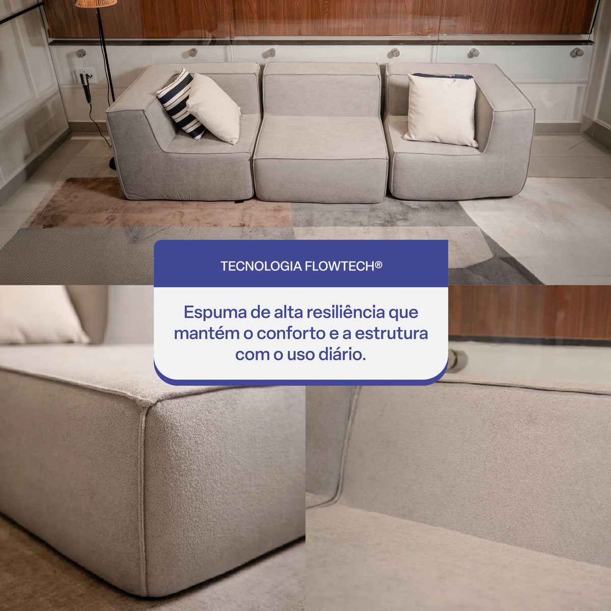 Sofá Modular Flow 3 Lugares 2 Cantos em Boucle Cinza