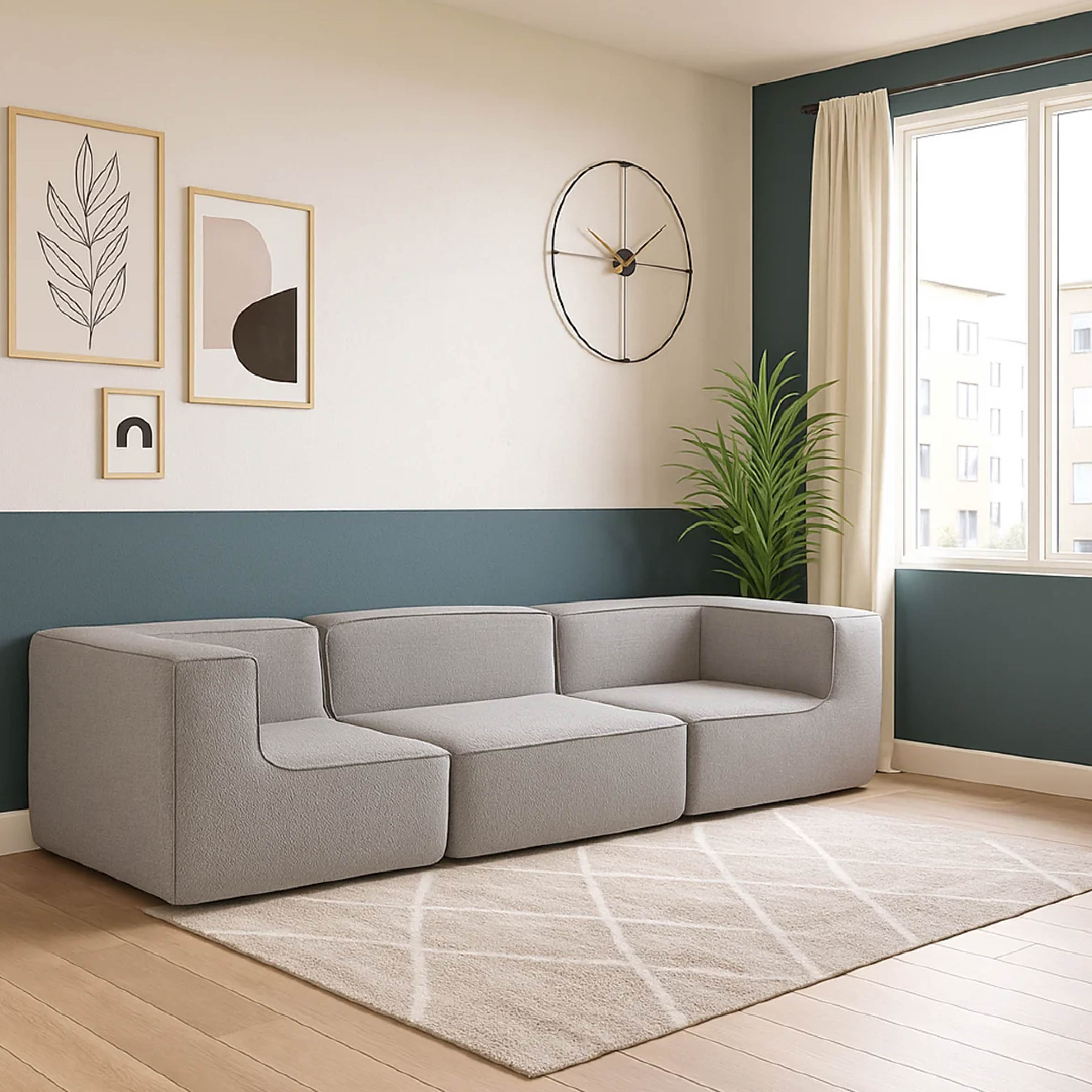 Sofá Modular Flow 3 Lugares 2 Cantos em Boucle Cinza