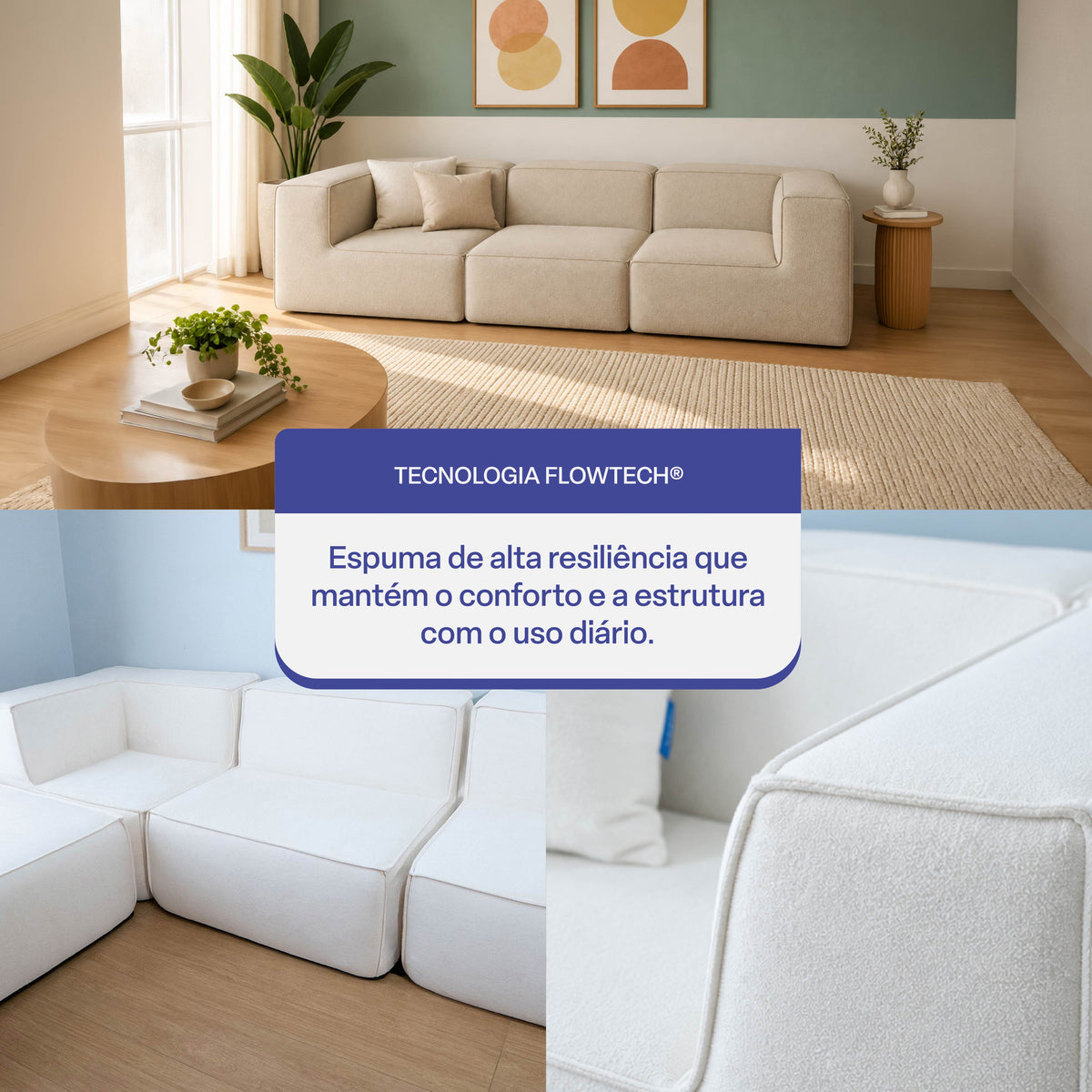 Sofá Modular Flow 3 Lugares 2 Cantos em Boucle Bege