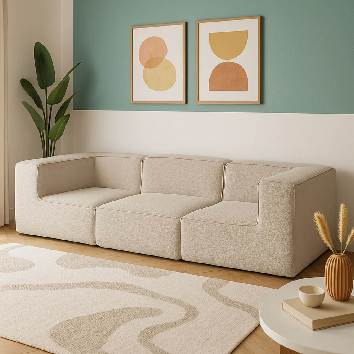 Sofá Modular Flow 3 Lugares 2 Cantos em Boucle Bege
