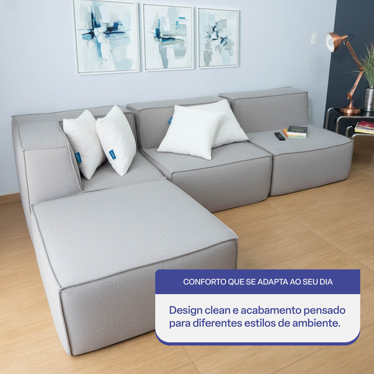 Sofá Modular Flow 3 Lugares 1 Canto com 1 Apoio de Pé em Boucle Cinza
