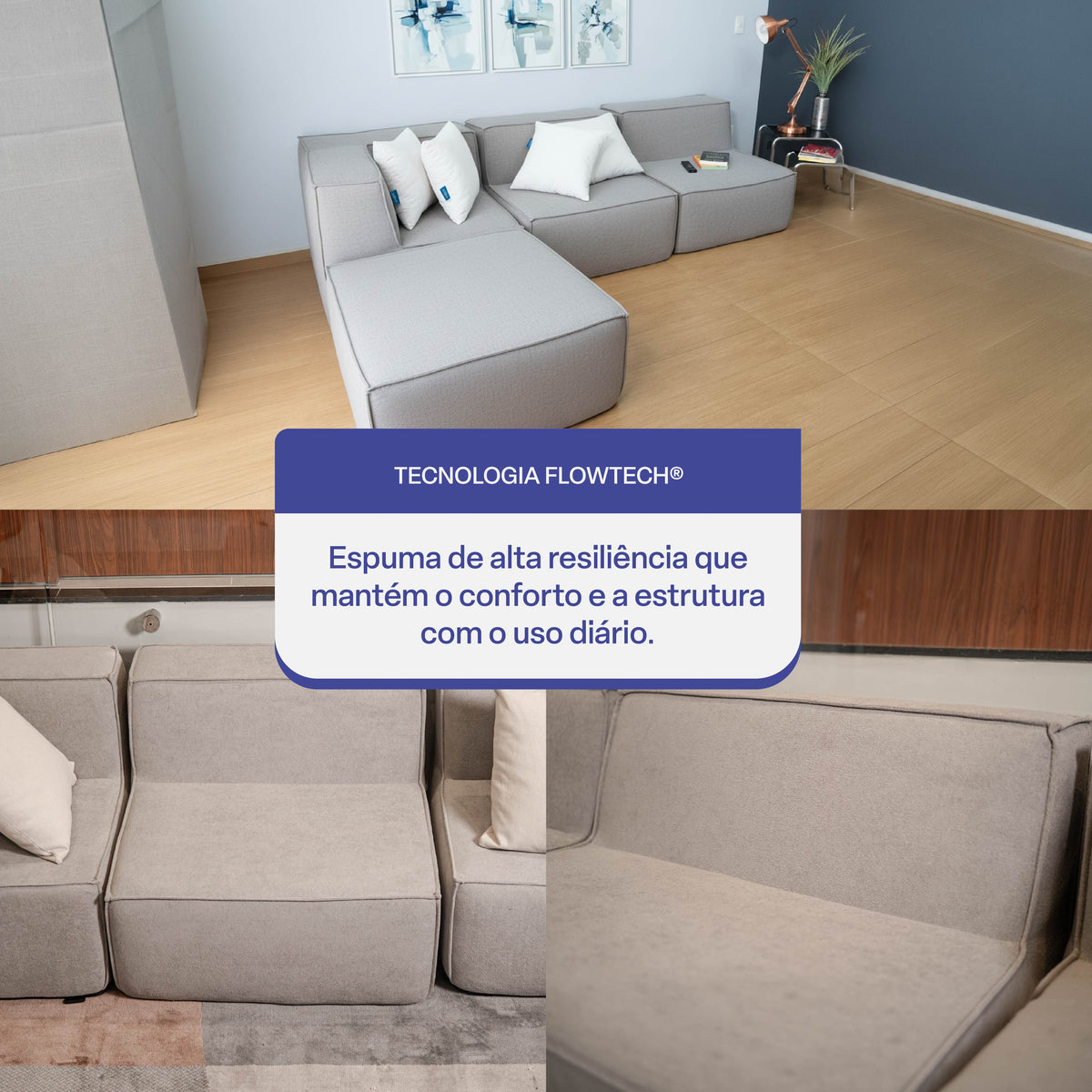 Sofá Modular Flow 3 Lugares 1 Canto com 1 Apoio de Pé em Boucle Cinza