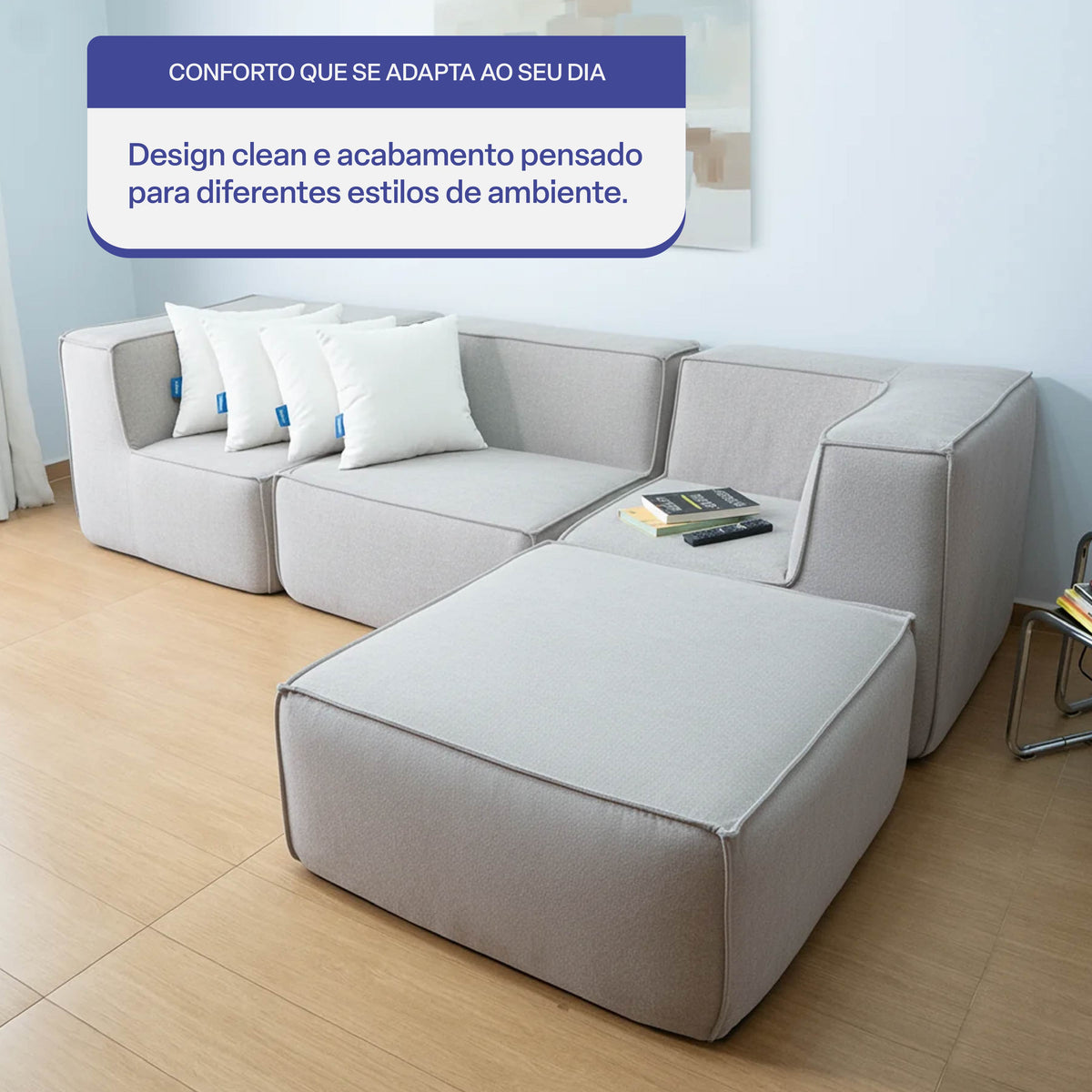 Sofá Modular Flow 3 Lugares 2 Cantos com 1 Apoio de Pé em Boucle Cinza