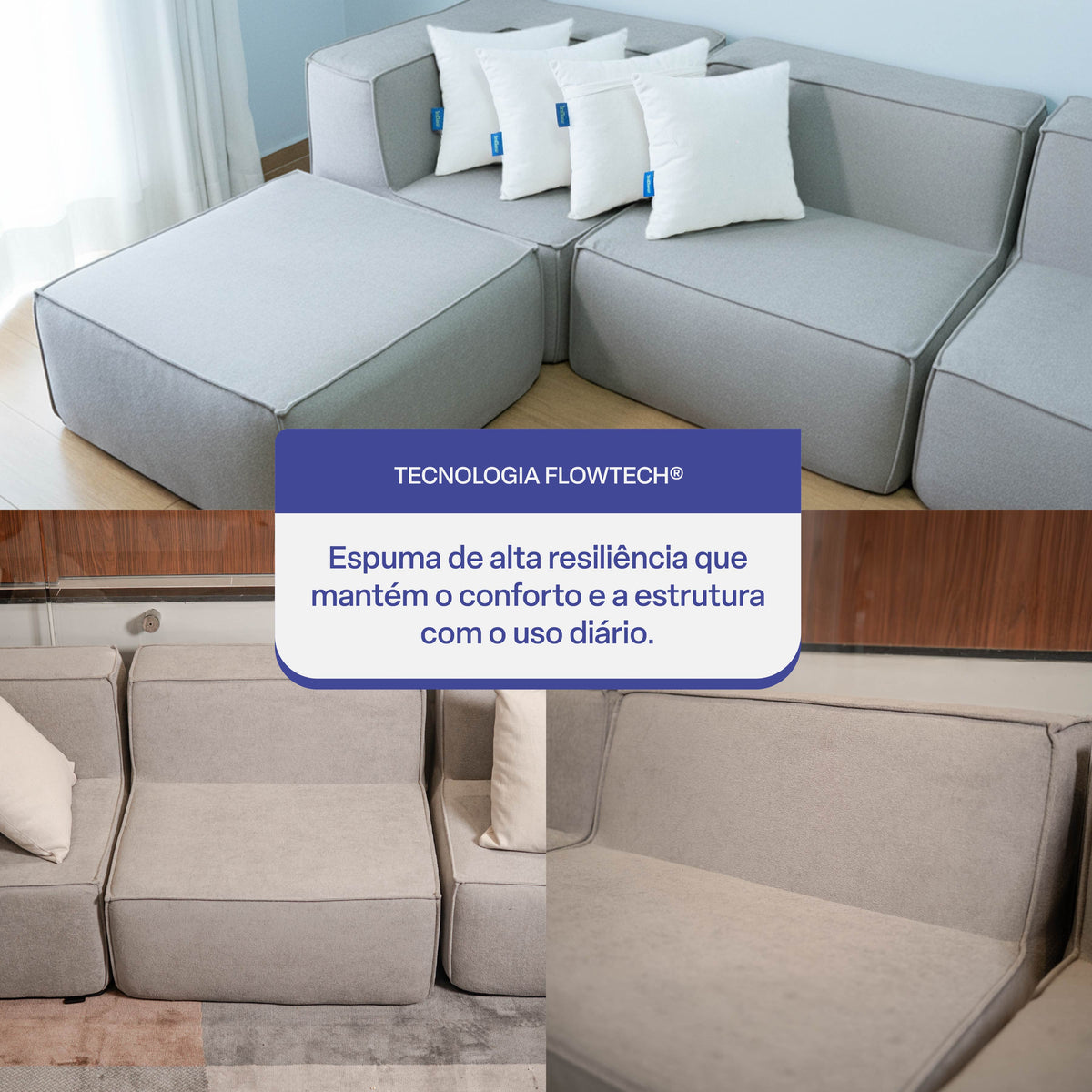 Sofá Modular Flow 3 Lugares 2 Cantos com 1 Apoio de Pé em Boucle Cinza