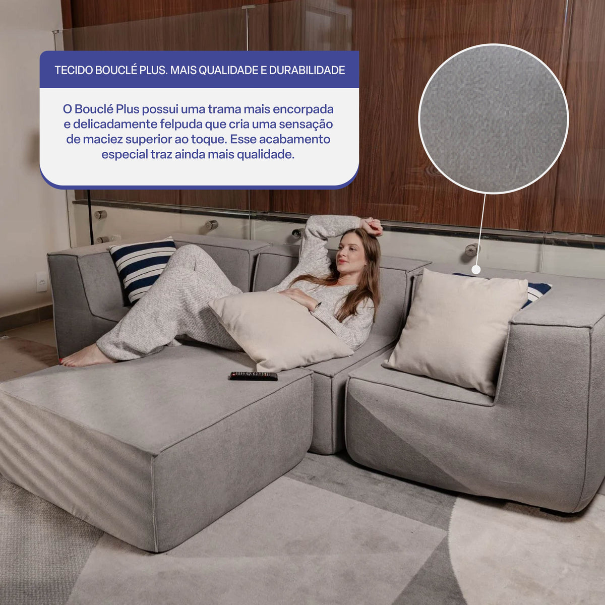 Sofá Modular Flow 3 Lugares 2 Cantos com 1 Apoio de Pé em Boucle Cinza