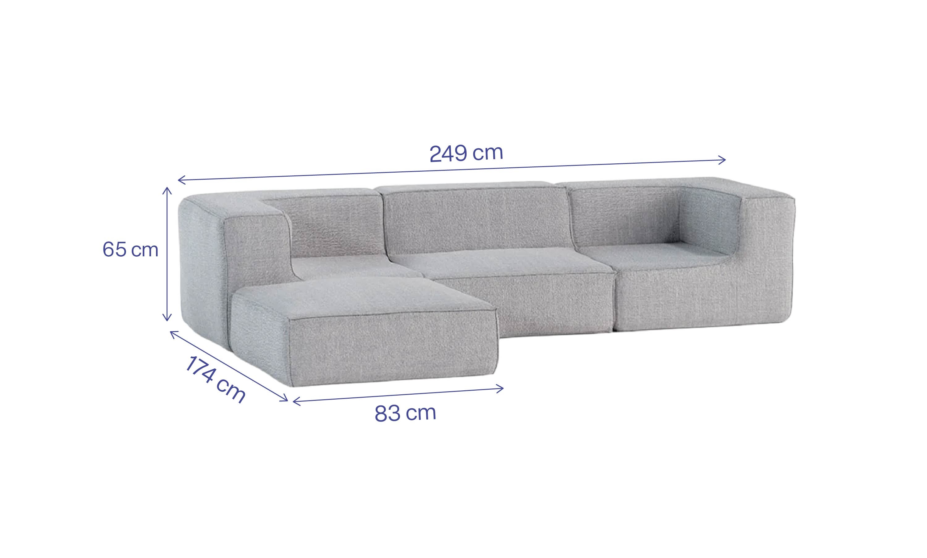 Sofá Modular Flow 3 Lugares 2 Cantos com 1 Apoio de Pé em Boucle Cinza