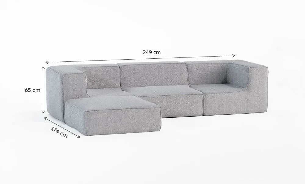 Sofá Modular Flow 3 Lugares 2 Cantos com 1 Apoio de Pé em Boucle Cinza