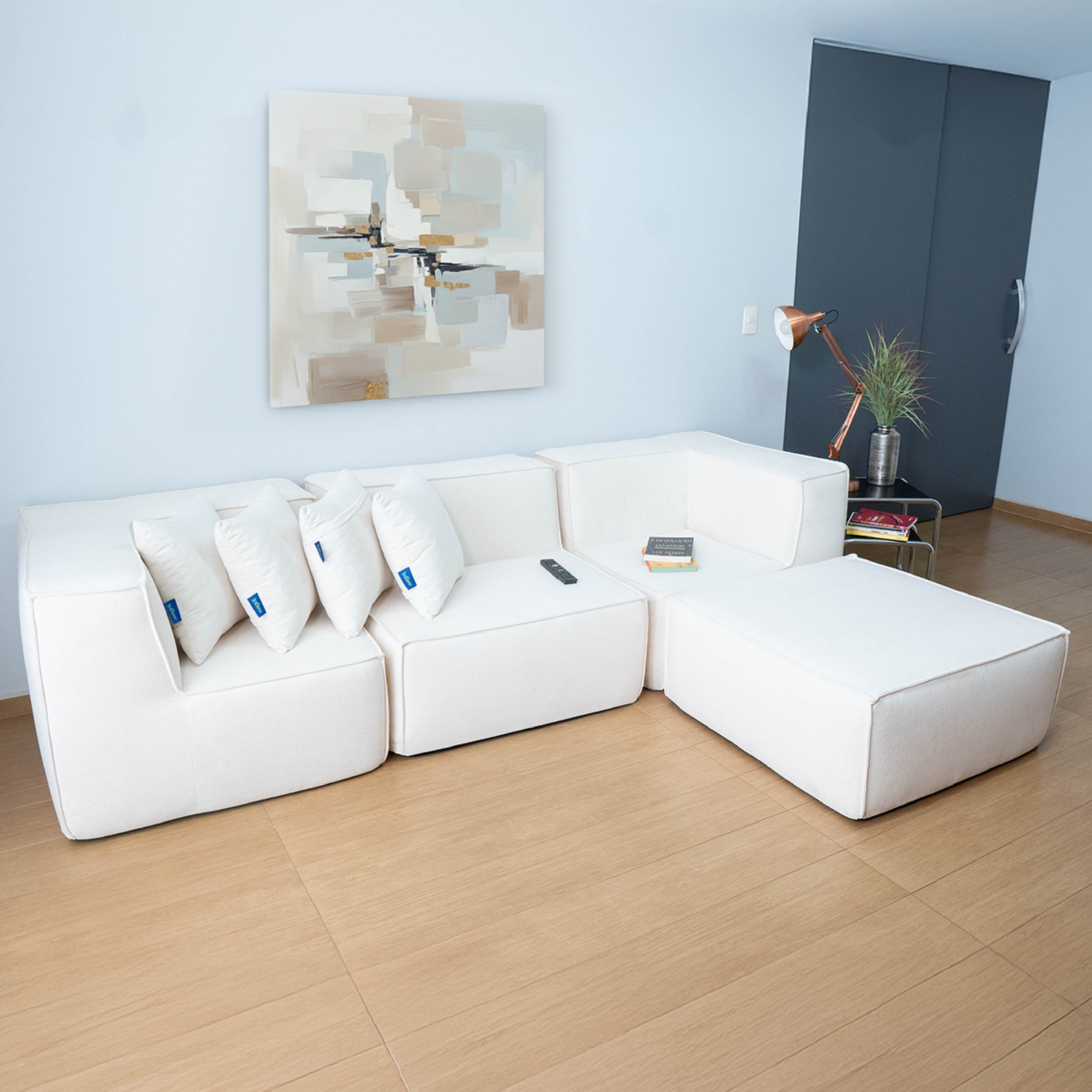 Sofá Modular Flow 3 Lugares 2 Cantos com 1 Apoio de Pé em  Boucle Bege
