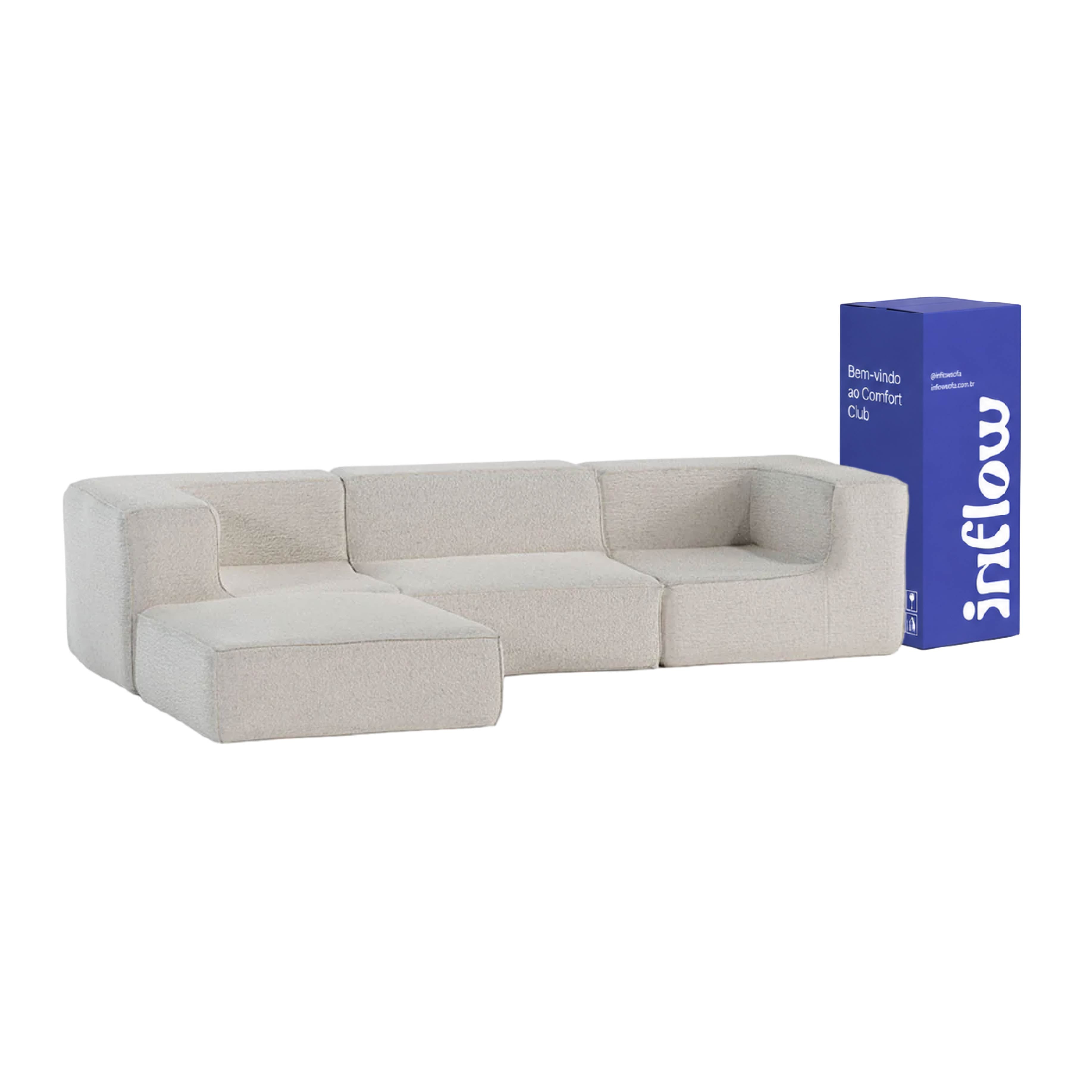 Sofá Modular Flow 3 Lugares 2 Cantos com 1 Apoio de Pé em  Boucle Bege
