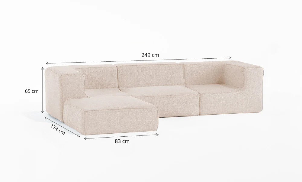 Sofá Modular Flow 3 Lugares 2 Cantos com 1 Apoio de Pé em  Boucle Bege