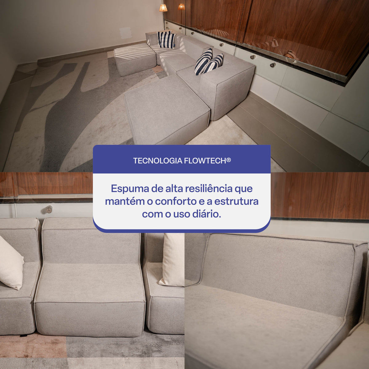 Sofá Modular Flow 3 Lugares 2 Cantos com 2 Apoios de Pé em Boucle Cinza