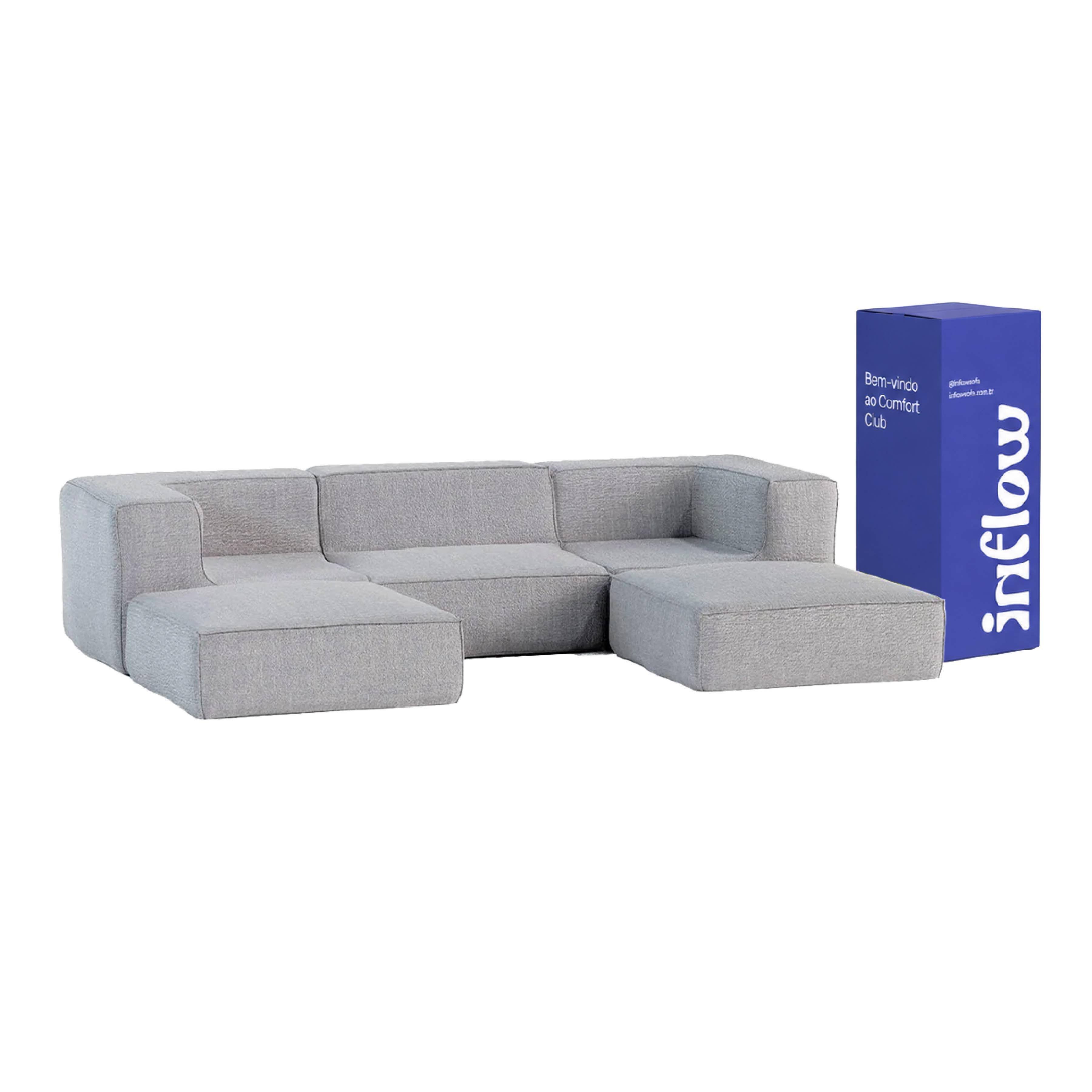 Sofá Modular Flow 3 Lugares 2 Cantos com 2 Apoios de Pé em Boucle Cinza