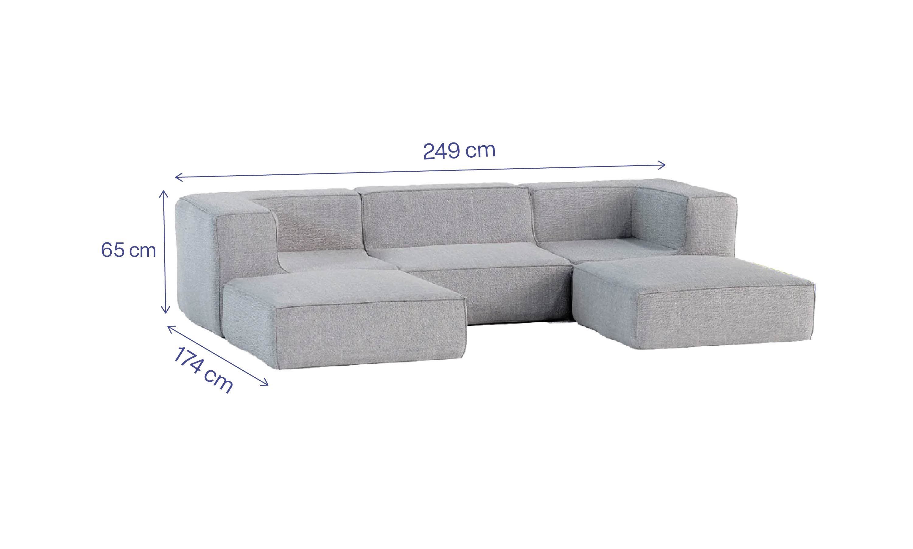 Sofá Modular Flow 3 Lugares 2 Cantos com 2 Apoios de Pé em Boucle Cinza