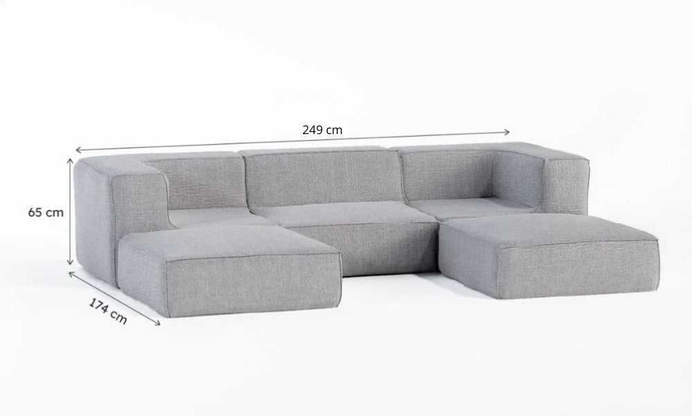 Sofá Modular Flow 3 Lugares 2 Cantos com 2 Apoios de Pé em Boucle Cinza