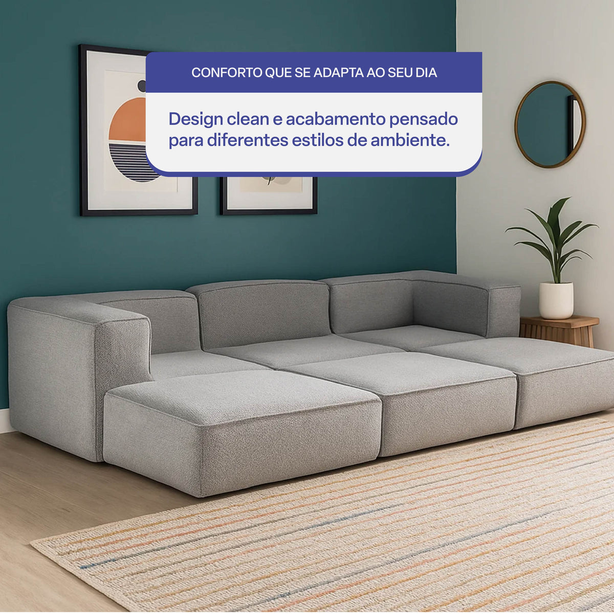 Sofá Modular Flow 3 Lugares 2 Cantos com 3 Apoios de Pé em Boucle Cinza