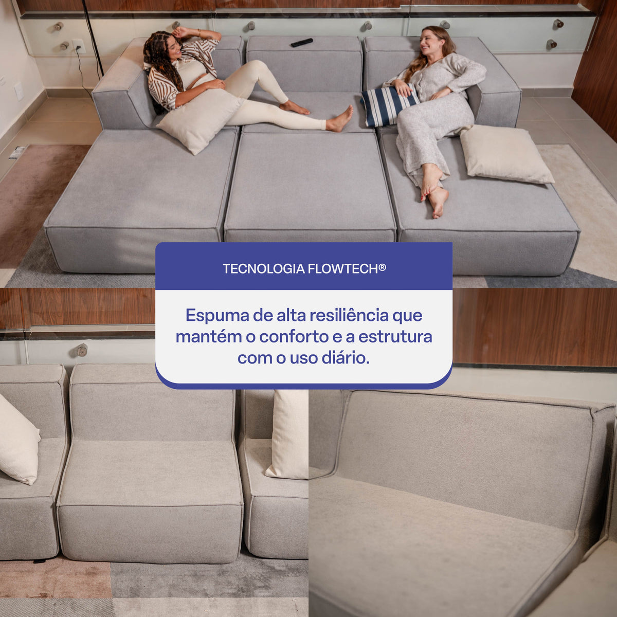 Sofá Modular Flow 3 Lugares 2 Cantos com 3 Apoios de Pé em Boucle Cinza
