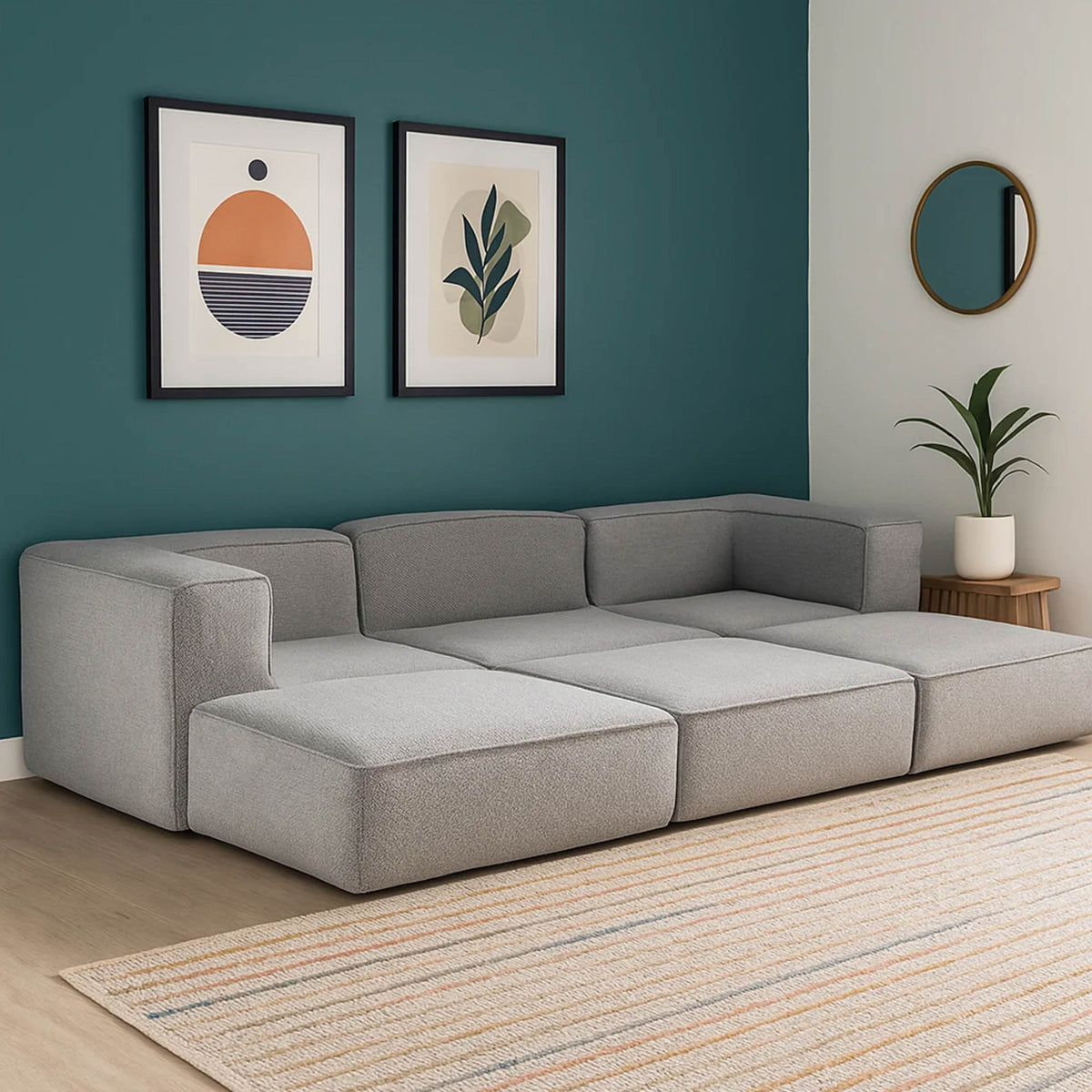 Sofá Modular Flow 3 Lugares 2 Cantos com 3 Apoios de Pé em Boucle Cinza