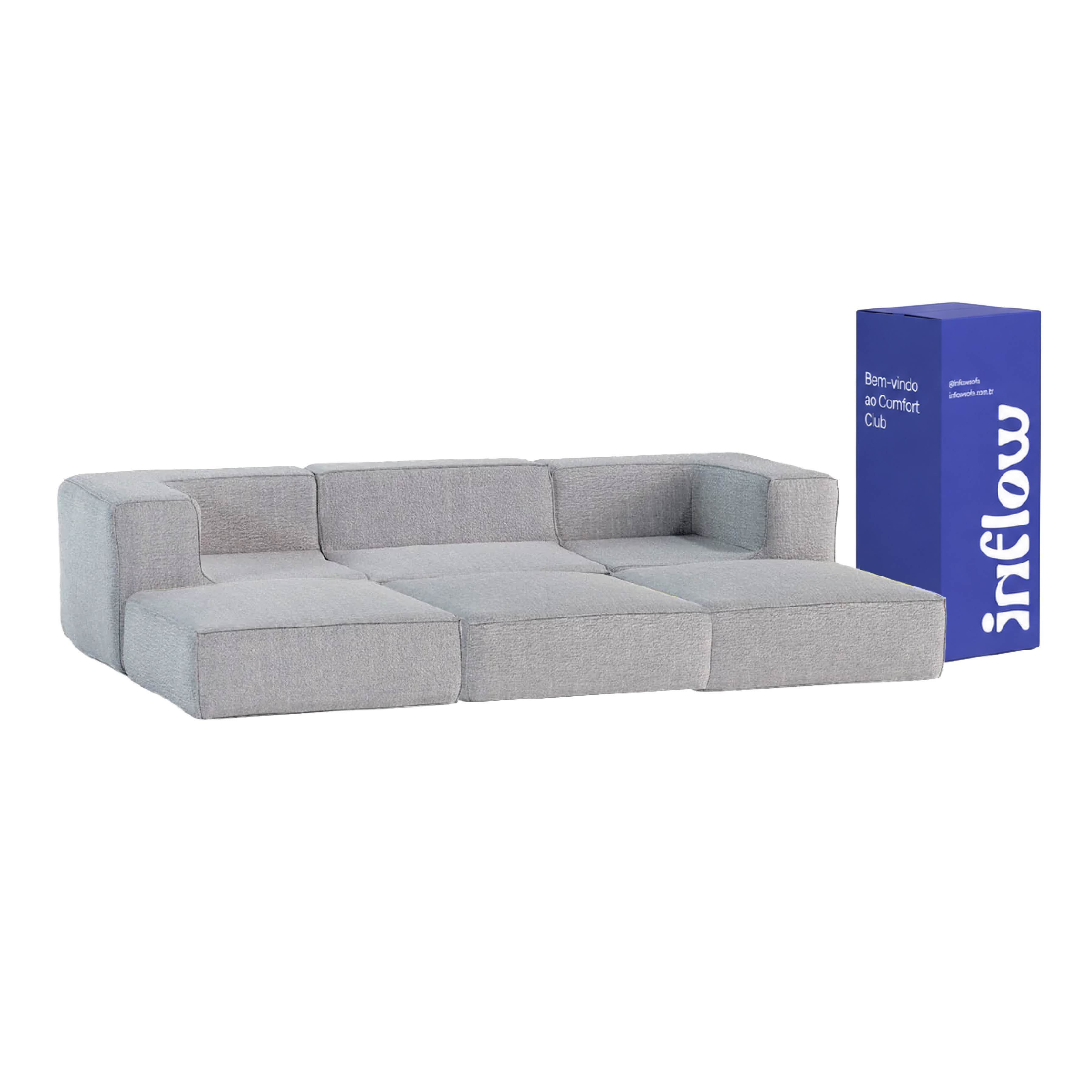 Sofá Modular Flow 3 Lugares 2 Cantos com 3 Apoios de Pé em Boucle Cinza