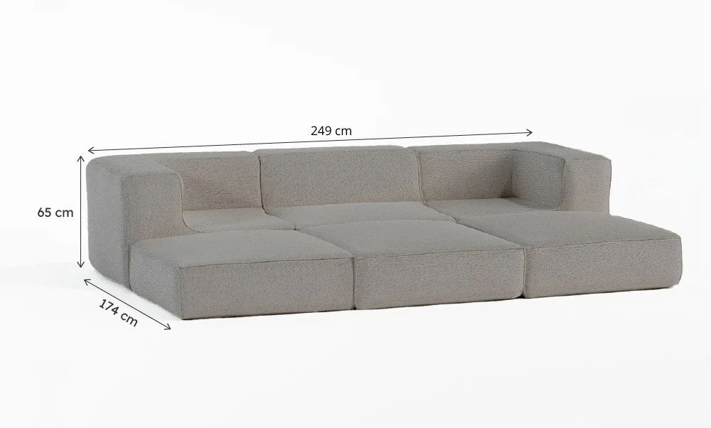 Sofá Modular Flow 3 Lugares 2 Cantos com 3 Apoios de Pé em Boucle Cinza