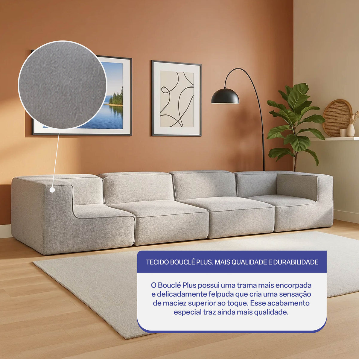 Sofá Modular Flow 4 Lugares 2 Cantos em Boucle Cinza
